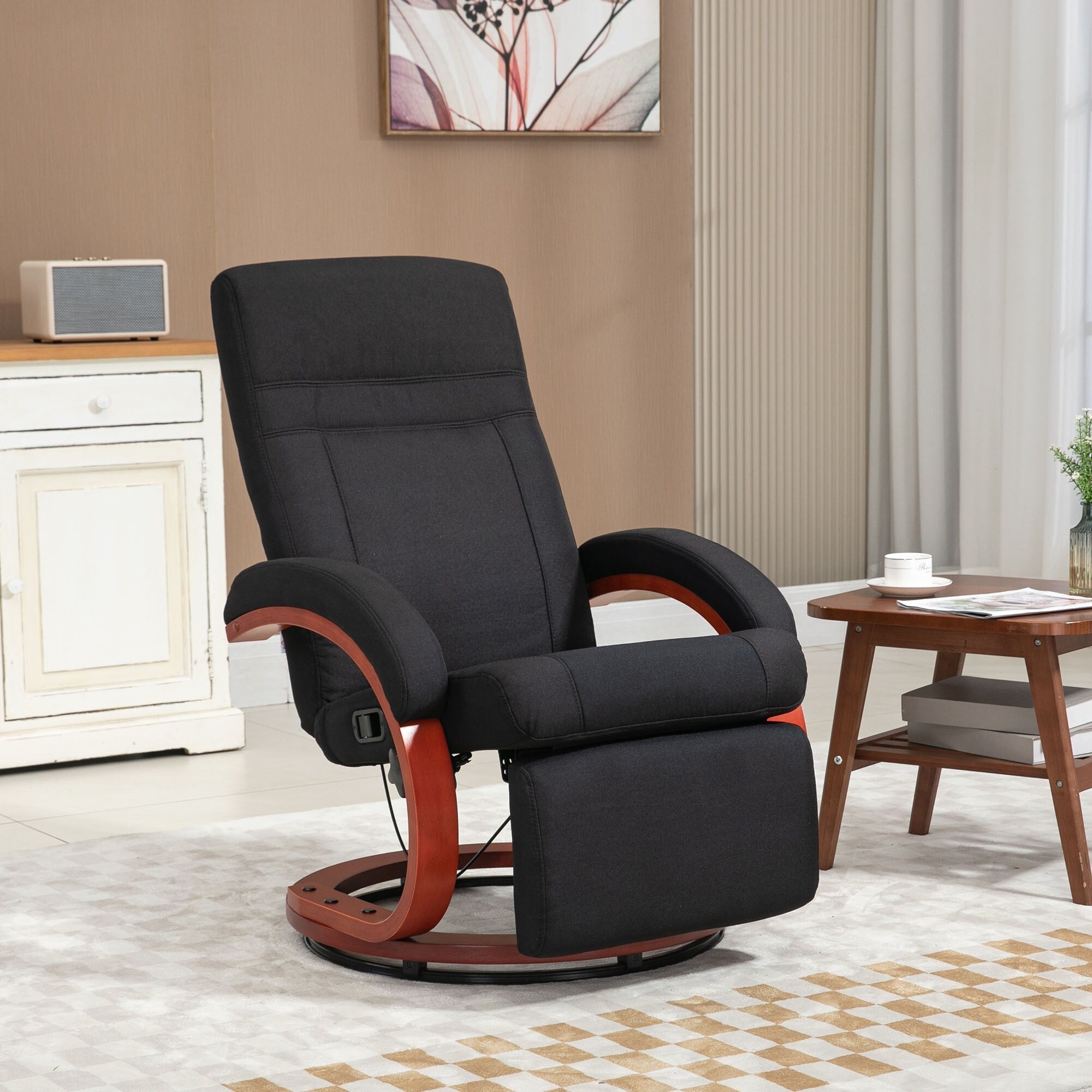 360° Swivel Wood Base Manual Recliner Chair Adjustable Recline Office Chair with Retractable Footrest and Padded Armrests