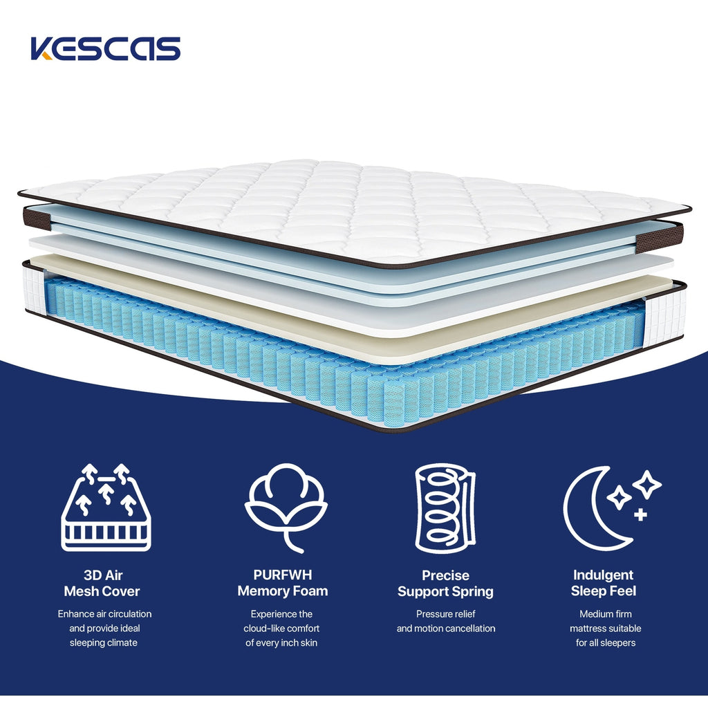 10 Inch Twin/ Full/ Queen Pillow Top Mattress，Memory Foam and Pocket Spring Hybrid Mattress