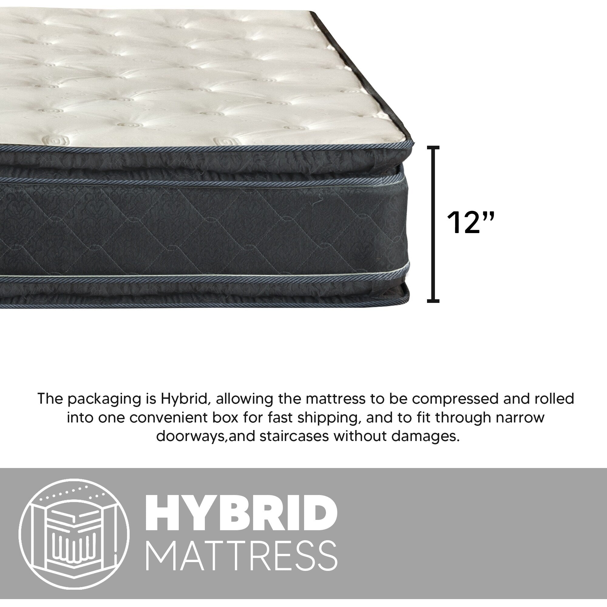 12-Inch Medium Firm Pillow Top Heavier Pocket Coil Spring Hybrid Mattress, Motion Isolation with Durable Support, Bed in a Box