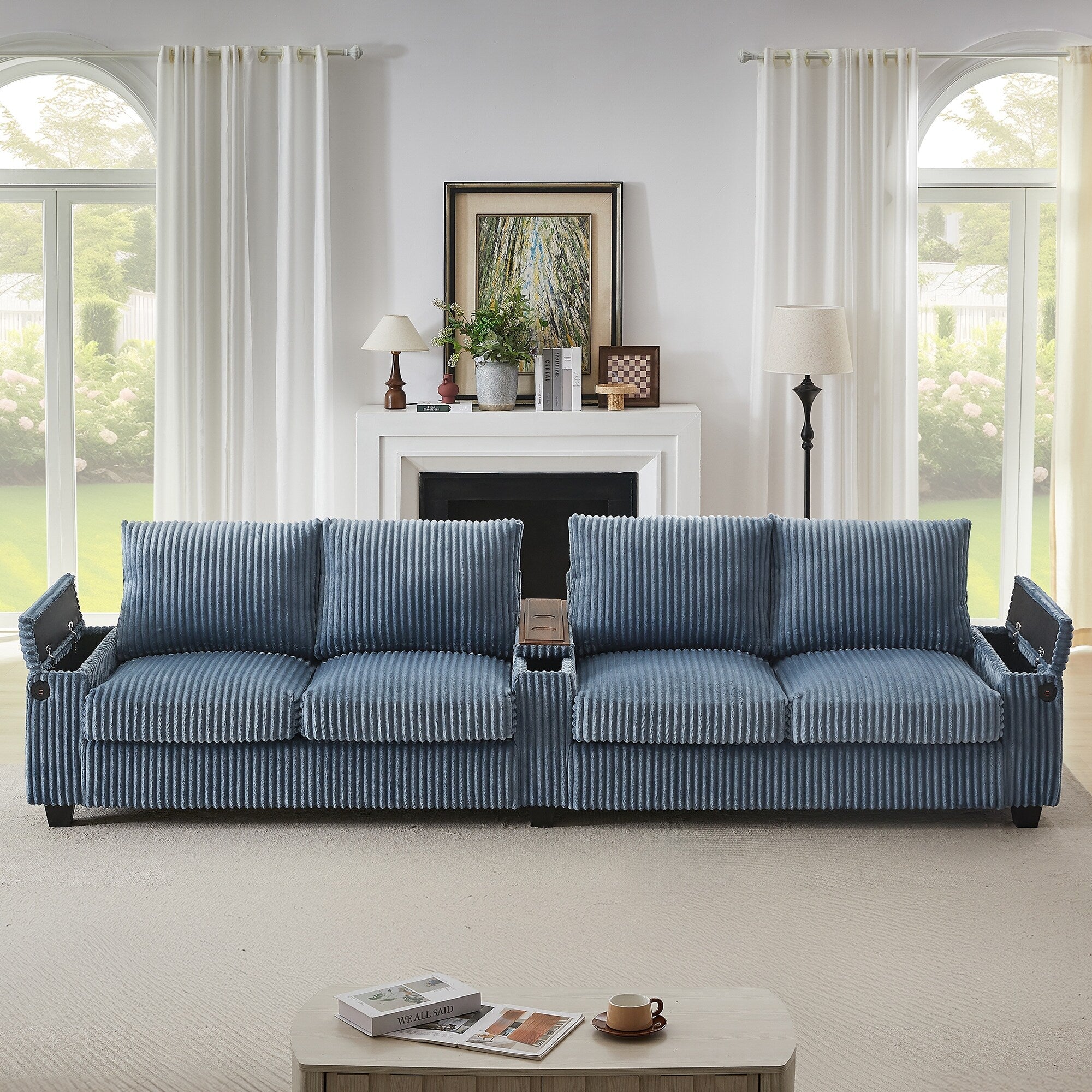 133 4-Seater Corduroy Sofa - Modern Storage Couch with USB Ports, Flip-Top Cup Holders