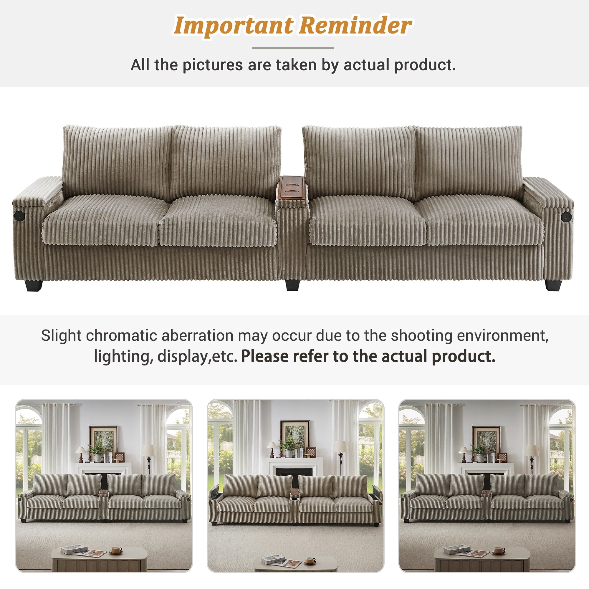 133 Corduroy 4-Seater Sofa with USB Ports, Flip-Top Cup Holders, and Hidden Storage
