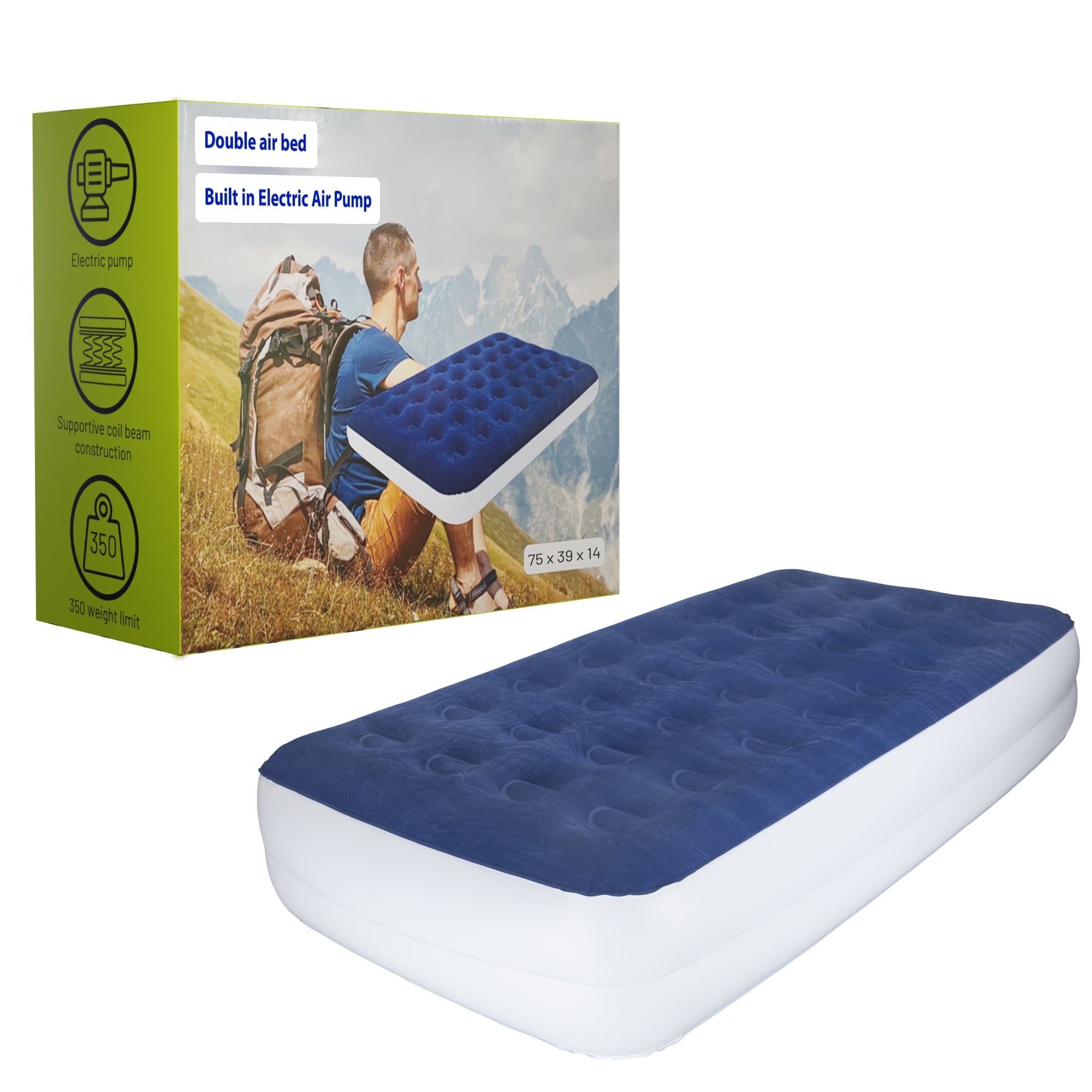 14-Inch Durable Air Mattress with Comfort Coil Technology and High Capacity Pump, good for Camping, Home and Portable Travel.