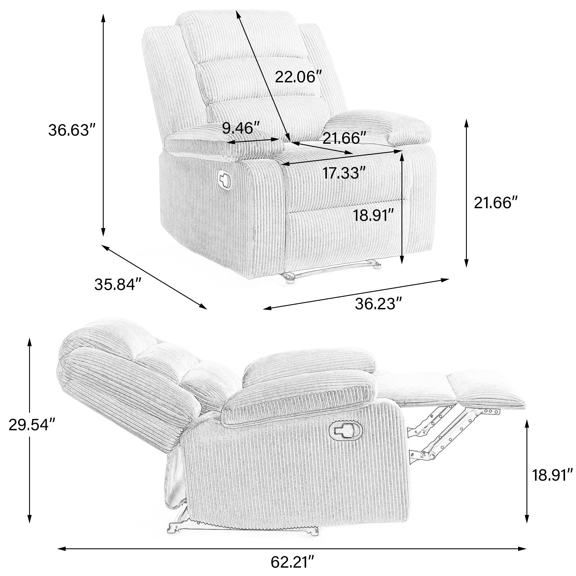 2 Set Modern Corduroy Manual Recliner Chair, Oversize Accent Chair Recliner with Wide Armrest