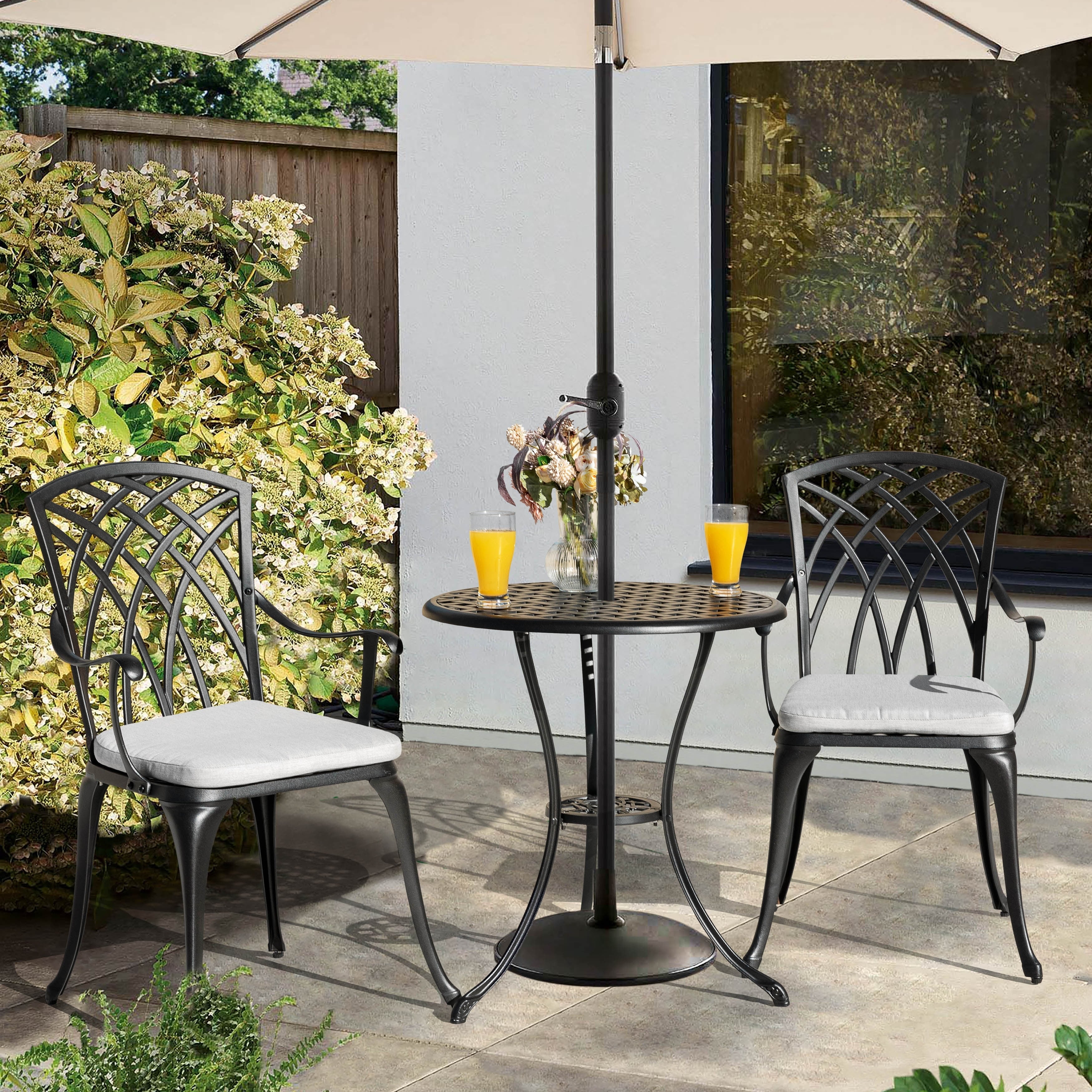 24 Inch Cast Aluminum Bistro Table and 2 Bistro Chairs with Grey Cushions - 24 inches round table