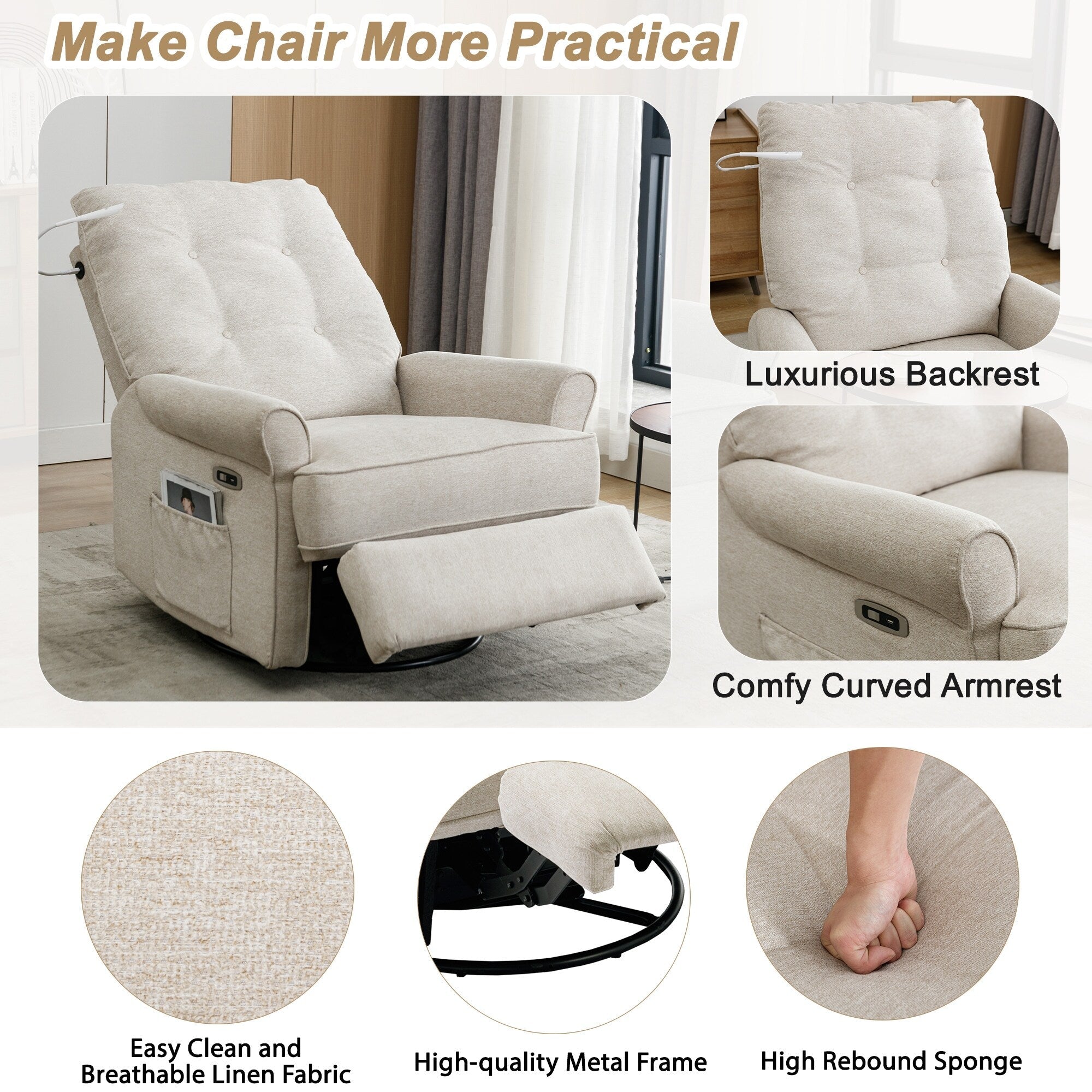 270° Swivel Recliner with USB Ports, Touch Lamp, Side Pocket Storage, and Rocking Base