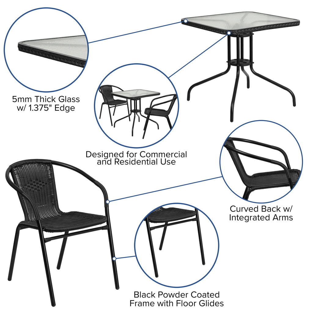 3-piece Metal/ Rattan Patio Dining Set with 28-inch Square Table - 28W x 28D x 28H