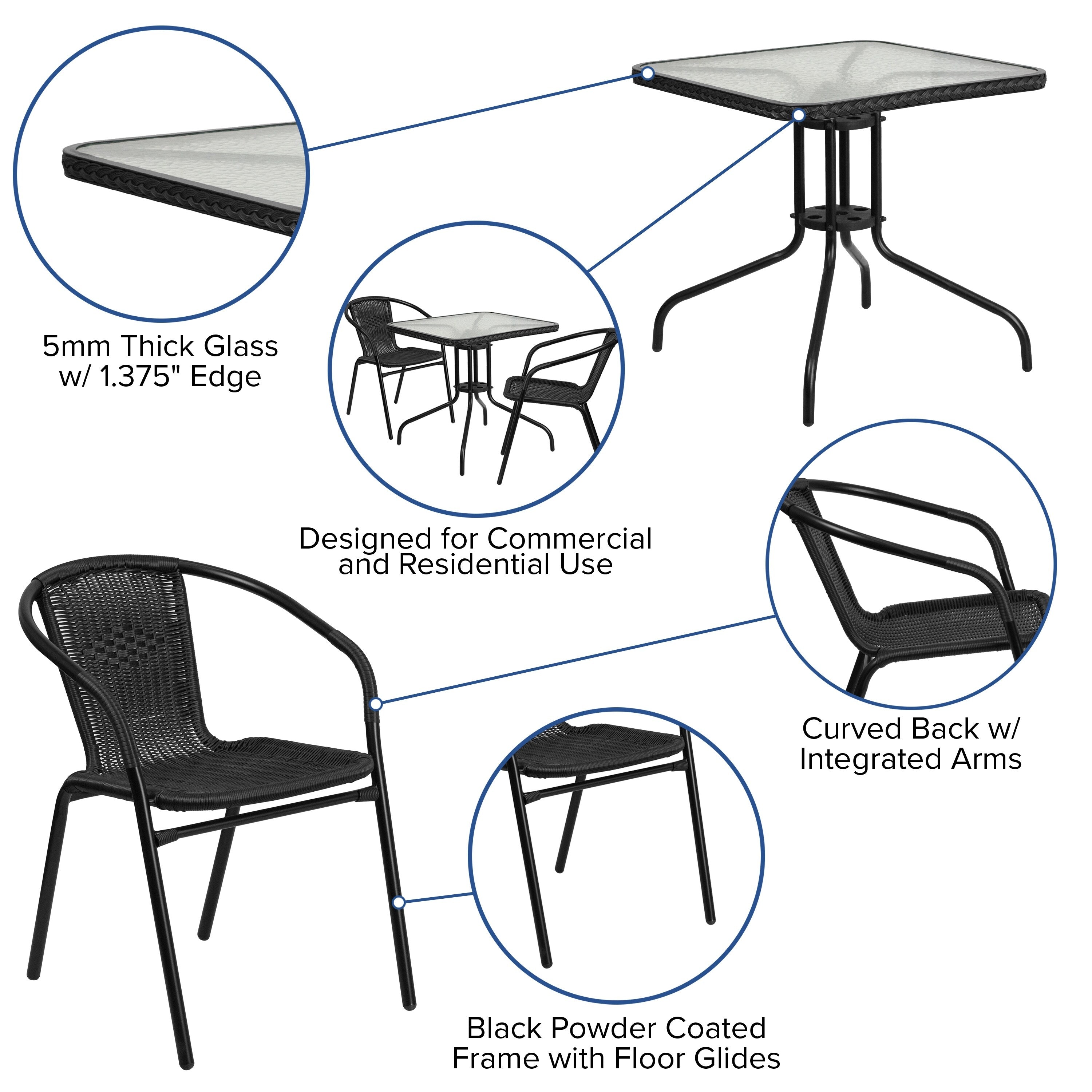 3-piece Metal/ Rattan Patio Dining Set with 28-inch Square Table - 28W x 28D x 28H
