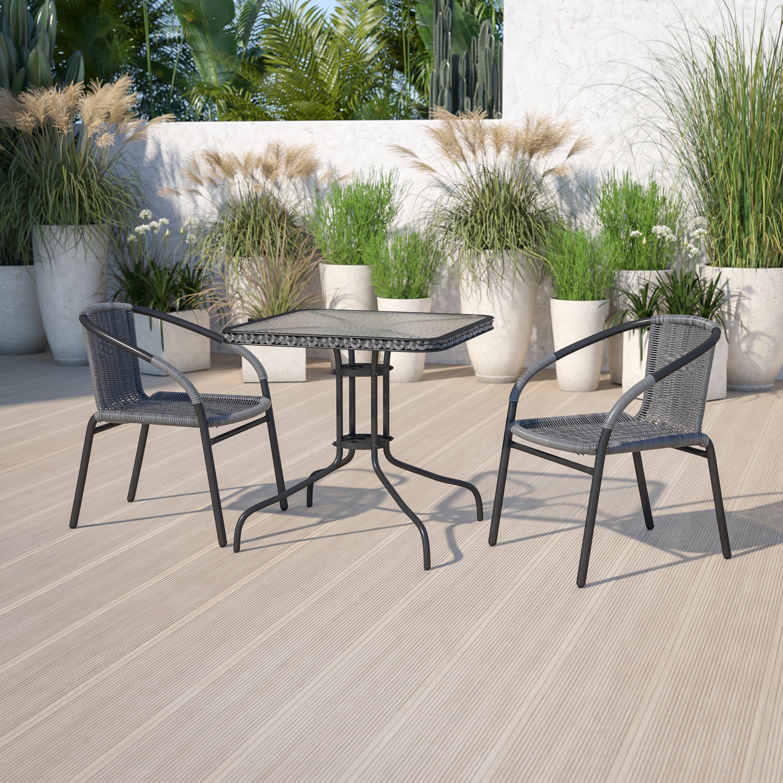 3-piece Metal/ Rattan Patio Dining Set with 28-inch Square Table - 28W x 28D x 28H