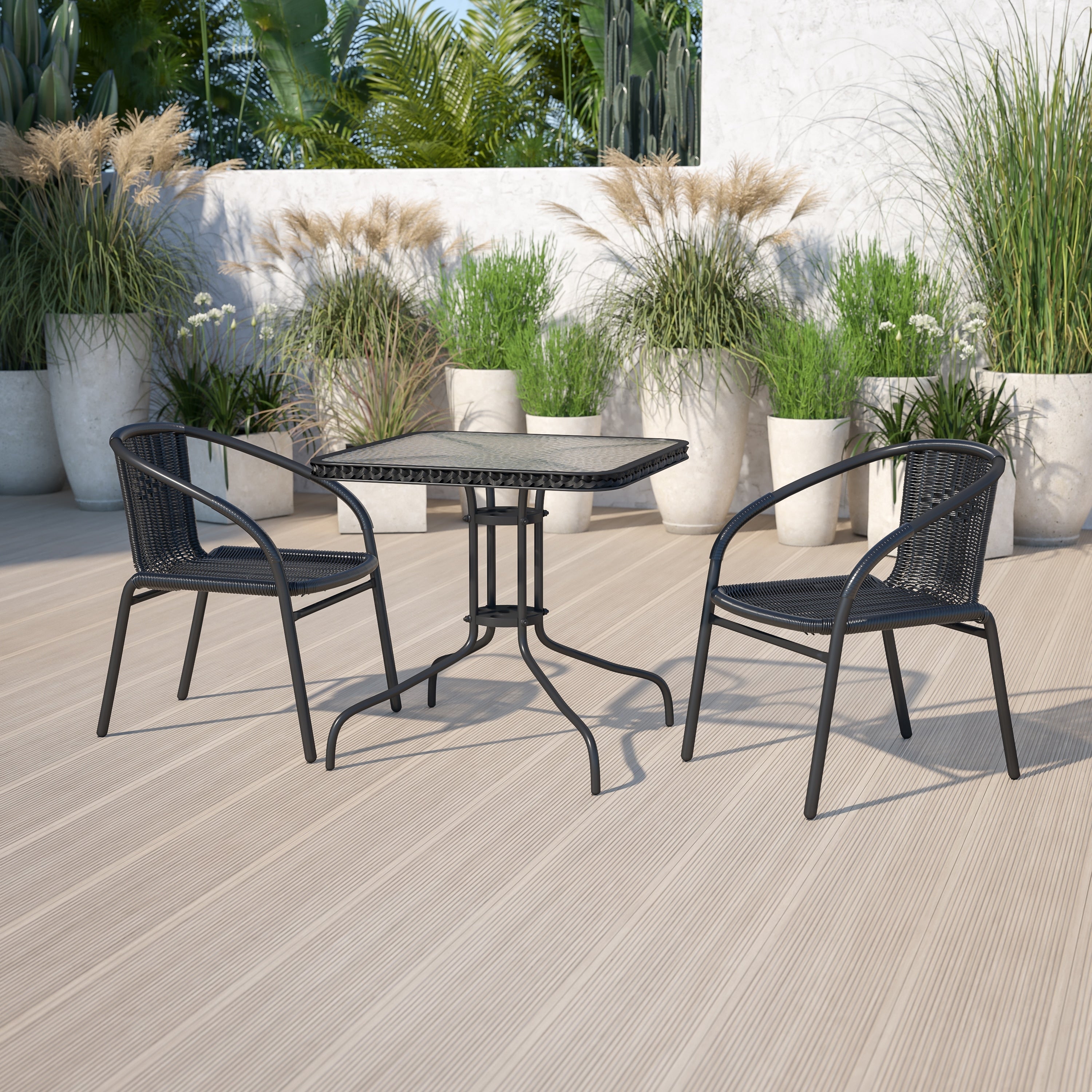 3-piece Metal/ Rattan Patio Dining Set with 28-inch Square Table - 28W x 28D x 28H