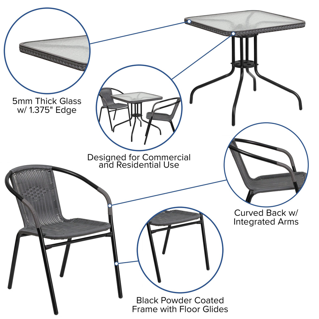 3-piece Metal/ Rattan Patio Dining Set with 28-inch Square Table - 28W x 28D x 28H