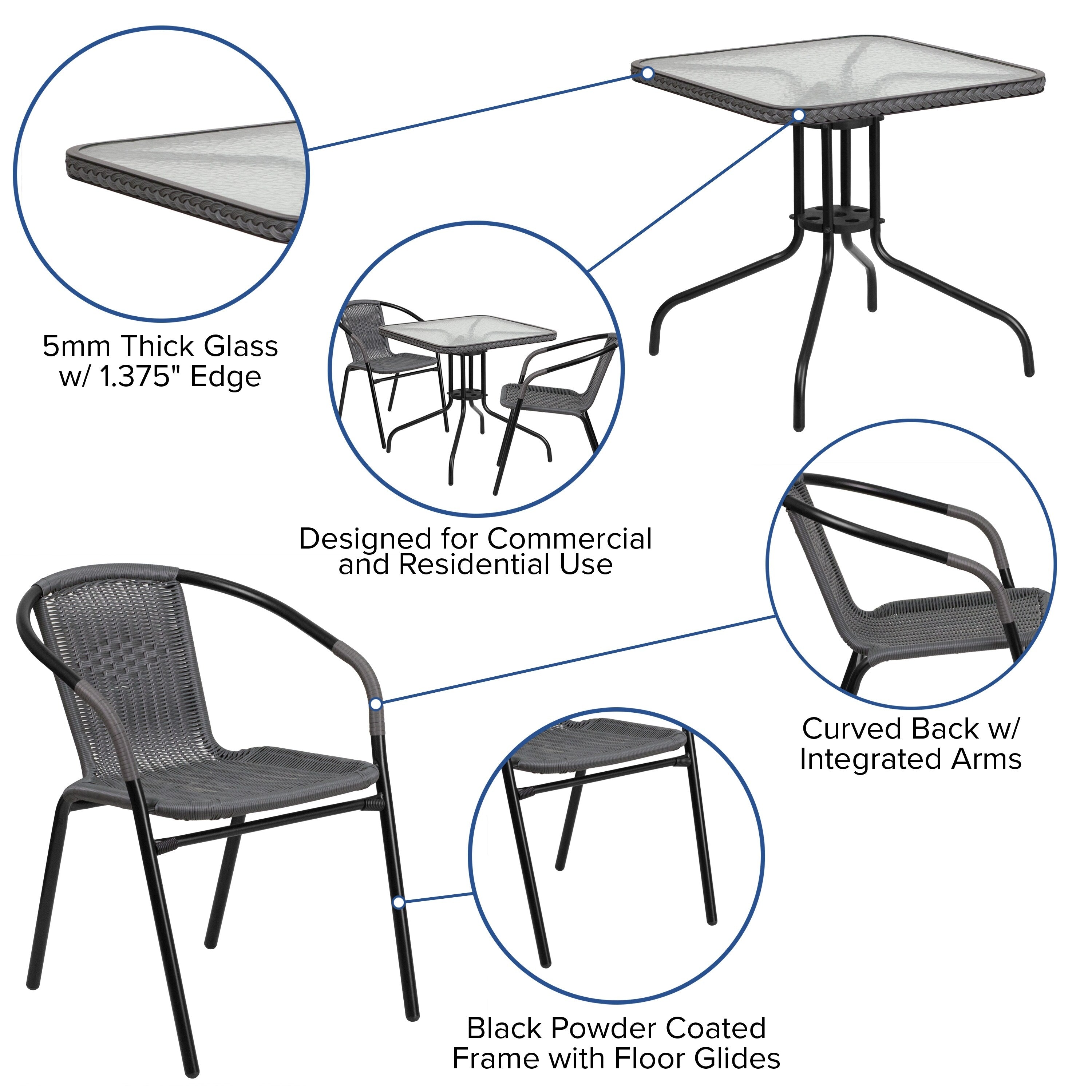 3-piece Metal/ Rattan Patio Dining Set with 28-inch Square Table - 28W x 28D x 28H