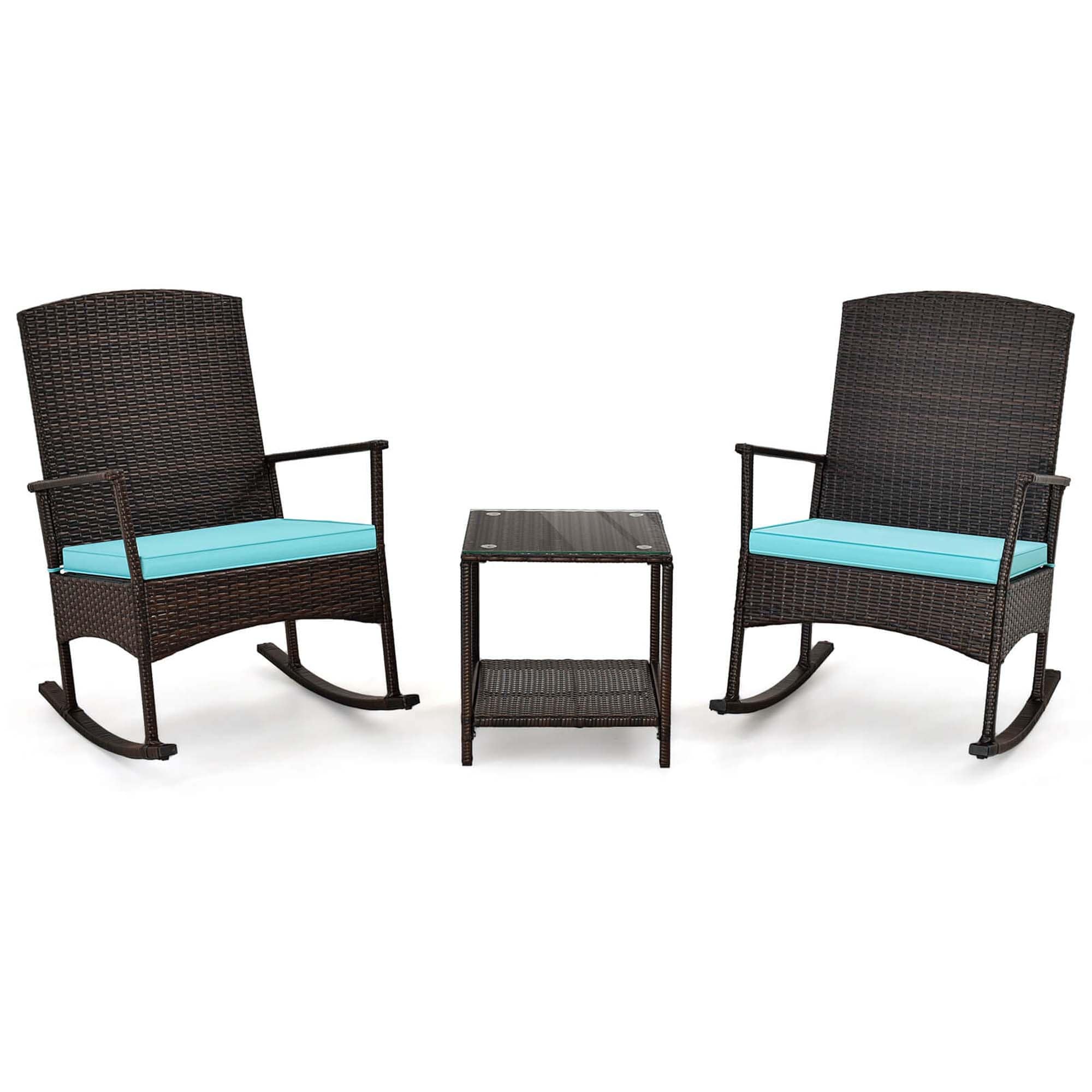 3 PCS Patio Rocking Set Wicker Rocking Chairs with 2-Tier Coffee Table