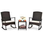 3 PCS Patio Rocking Set Wicker Rocking Chairs with 2-Tier Coffee Table