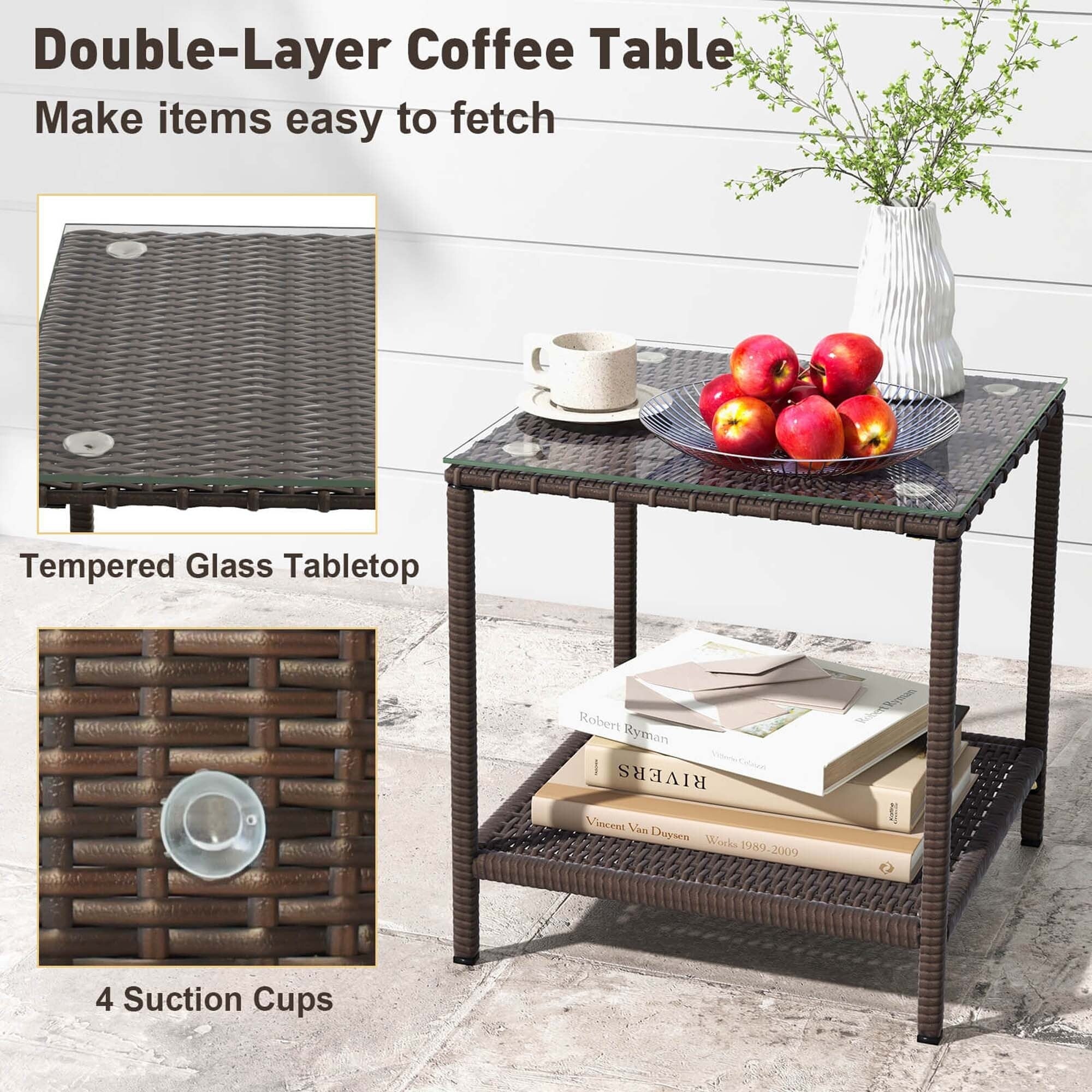 3 PCS Patio Rocking Set Wicker Rocking Chairs with 2-Tier Coffee Table