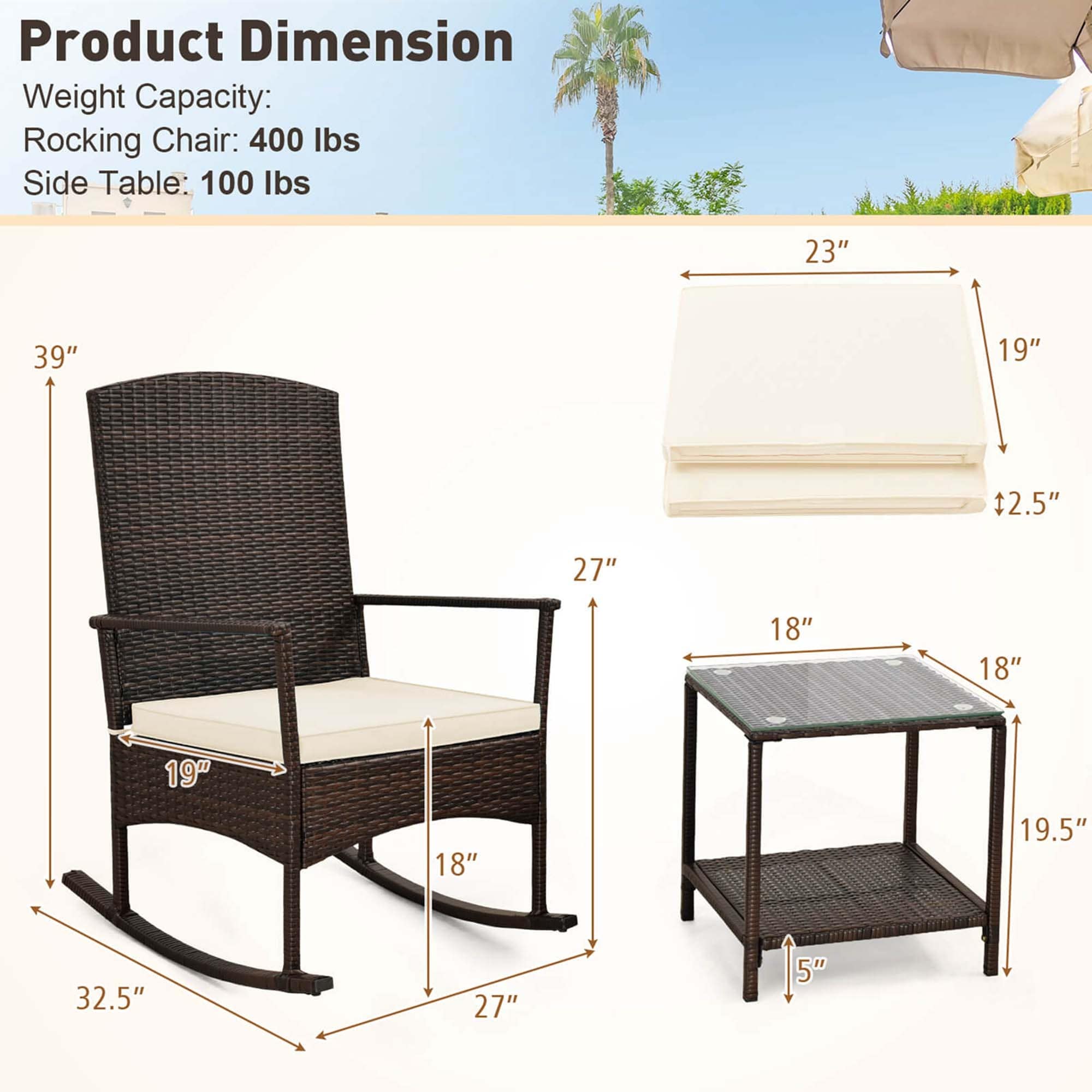 3 PCS Patio Rocking Set Wicker Rocking Chairs with 2-Tier Coffee Table