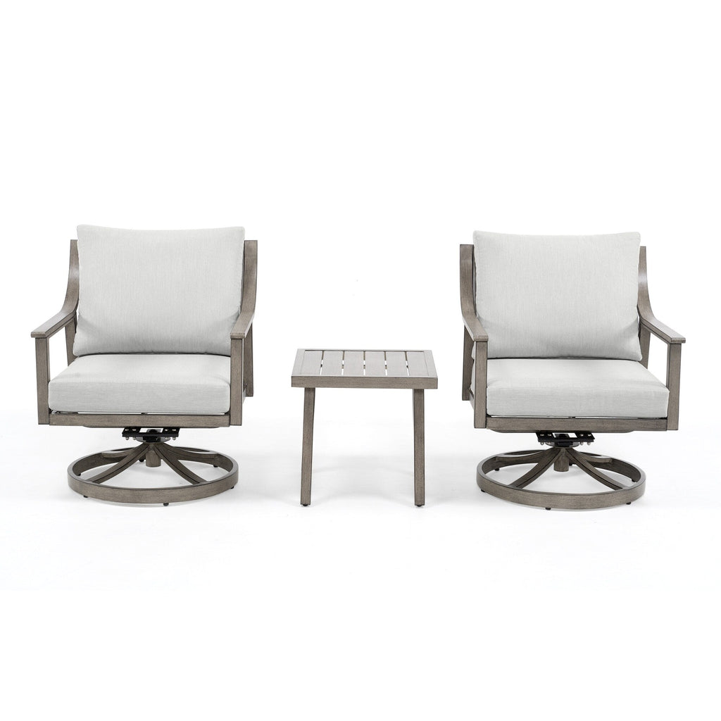 3-Piece Aluminum Patio Conversation Set with Swivel Chairs, End Table and Cushions