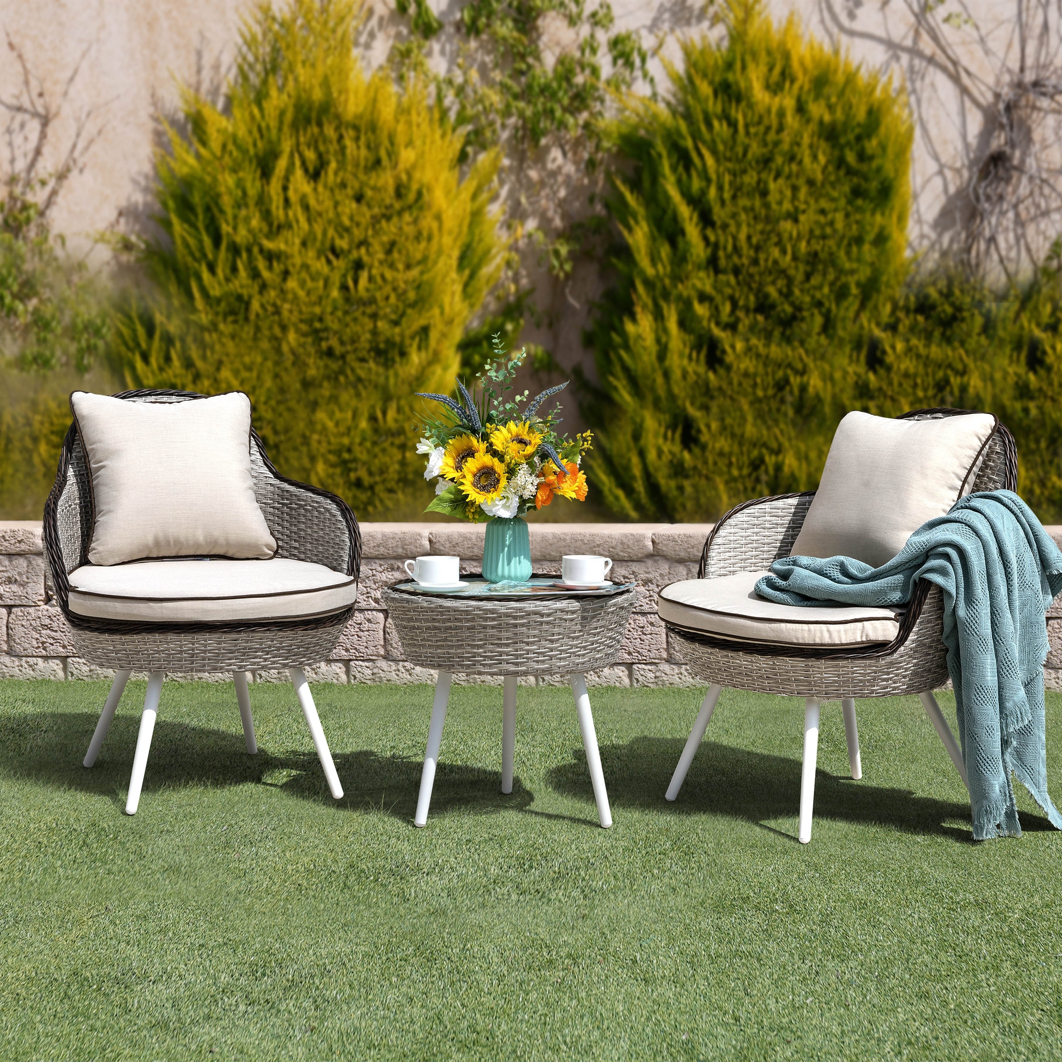 3-Piece Bistro Wicker Rattan Outdoor Sets With Cusions