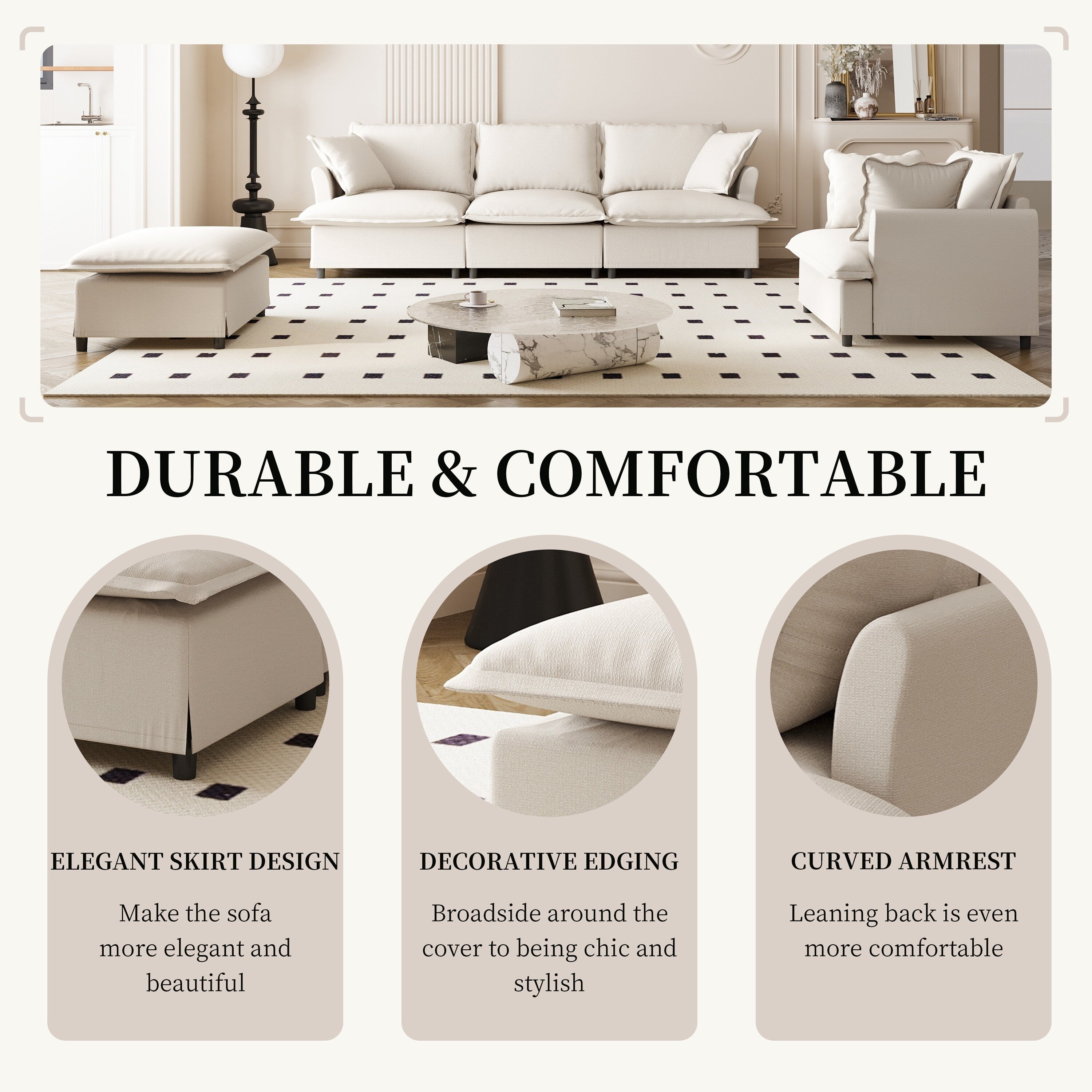 3 Piece Living Room Sofa Set,Modular L Shaped Chenille Sectional Couch,Upholstered 3 Seater Sofa & Armchair & Movable Ottoman