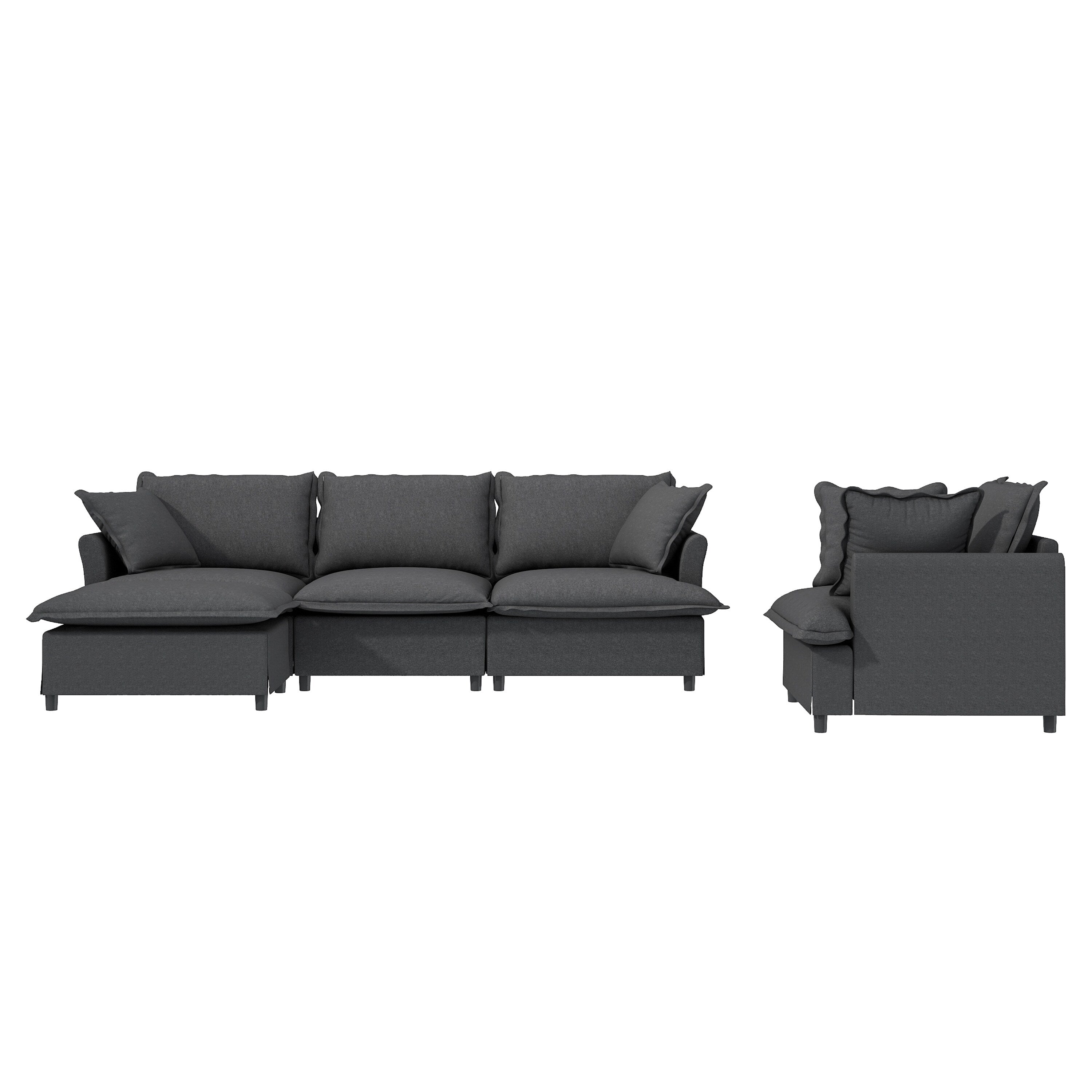 3 Piece Living Room Sofa Set,Modular L Shaped Chenille Sectional Couch,Upholstered 3 Seater Sofa & Armchair & Movable Ottoman