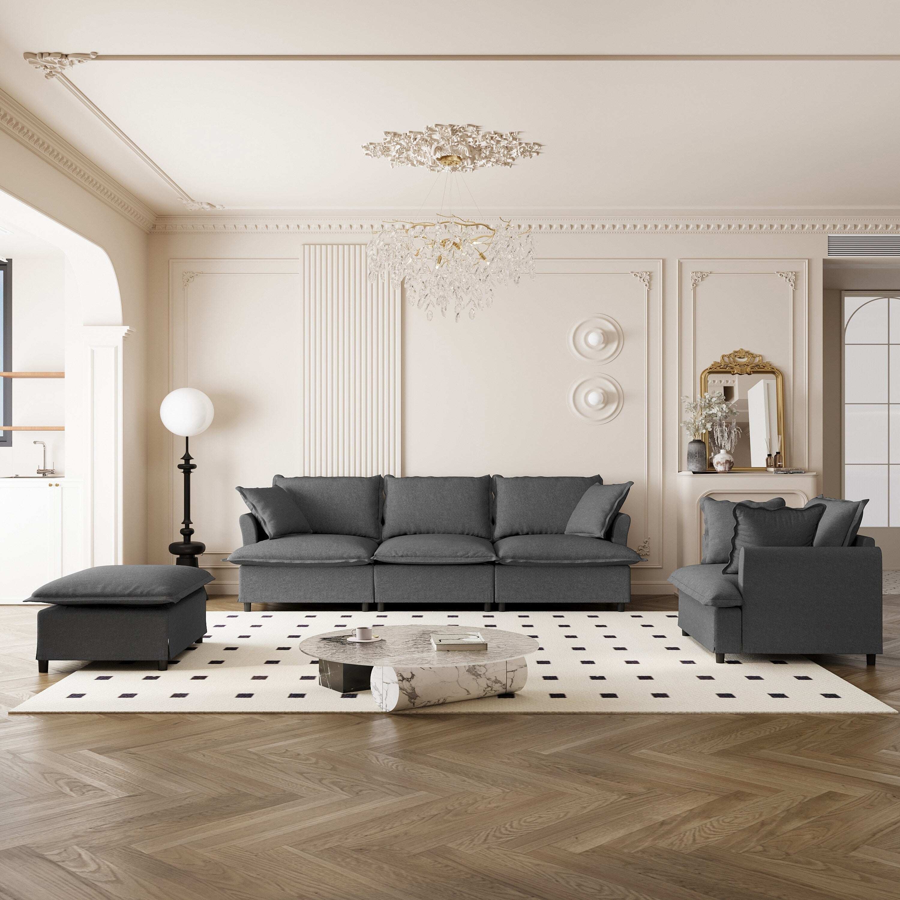 3 Piece Living Room Sofa Set,Modular L Shaped Chenille Sectional Couch,Upholstered 3 Seater Sofa & Armchair & Movable Ottoman