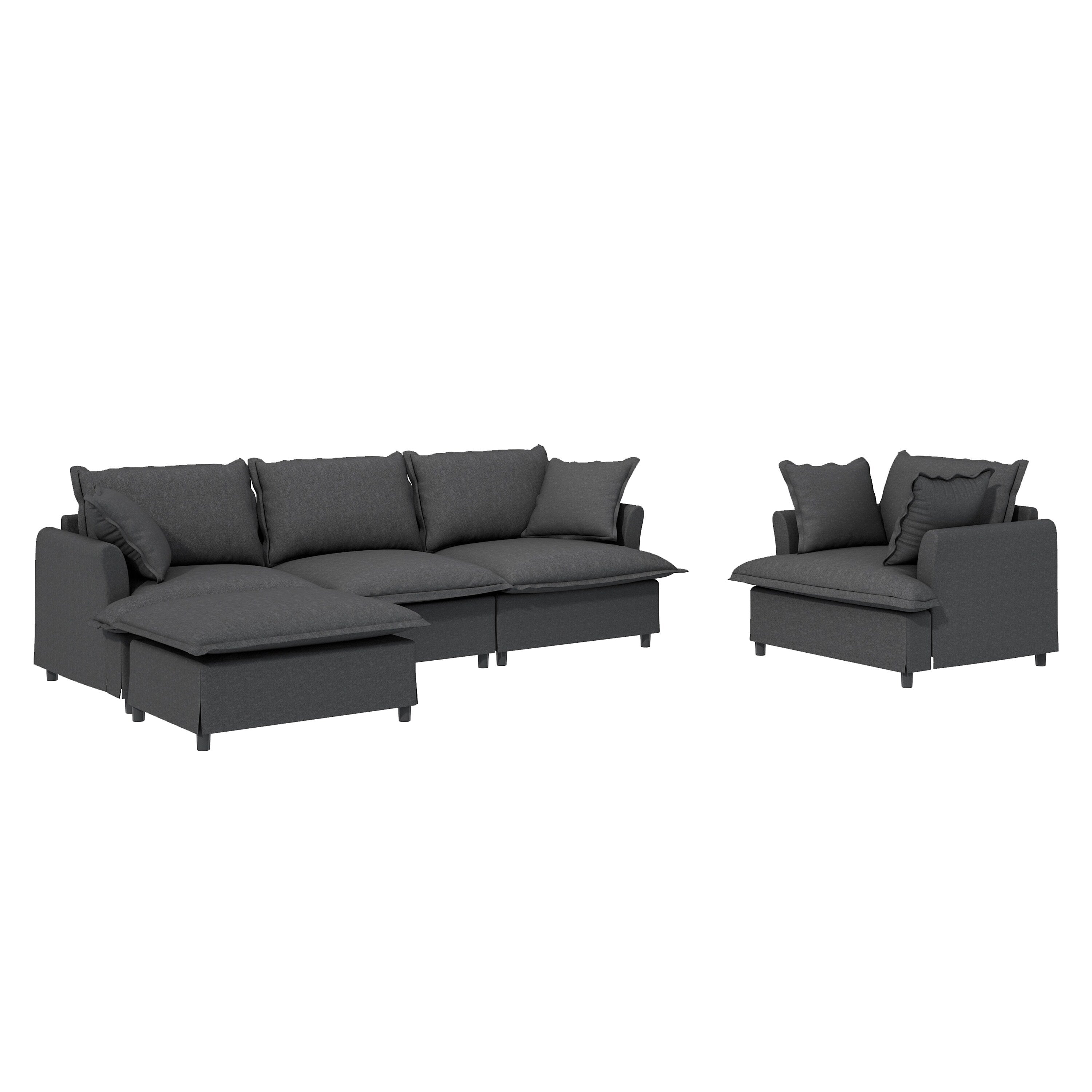 3 Piece Living Room Sofa Set,Modular L Shaped Chenille Sectional Couch,Upholstered 3 Seater Sofa & Armchair & Movable Ottoman