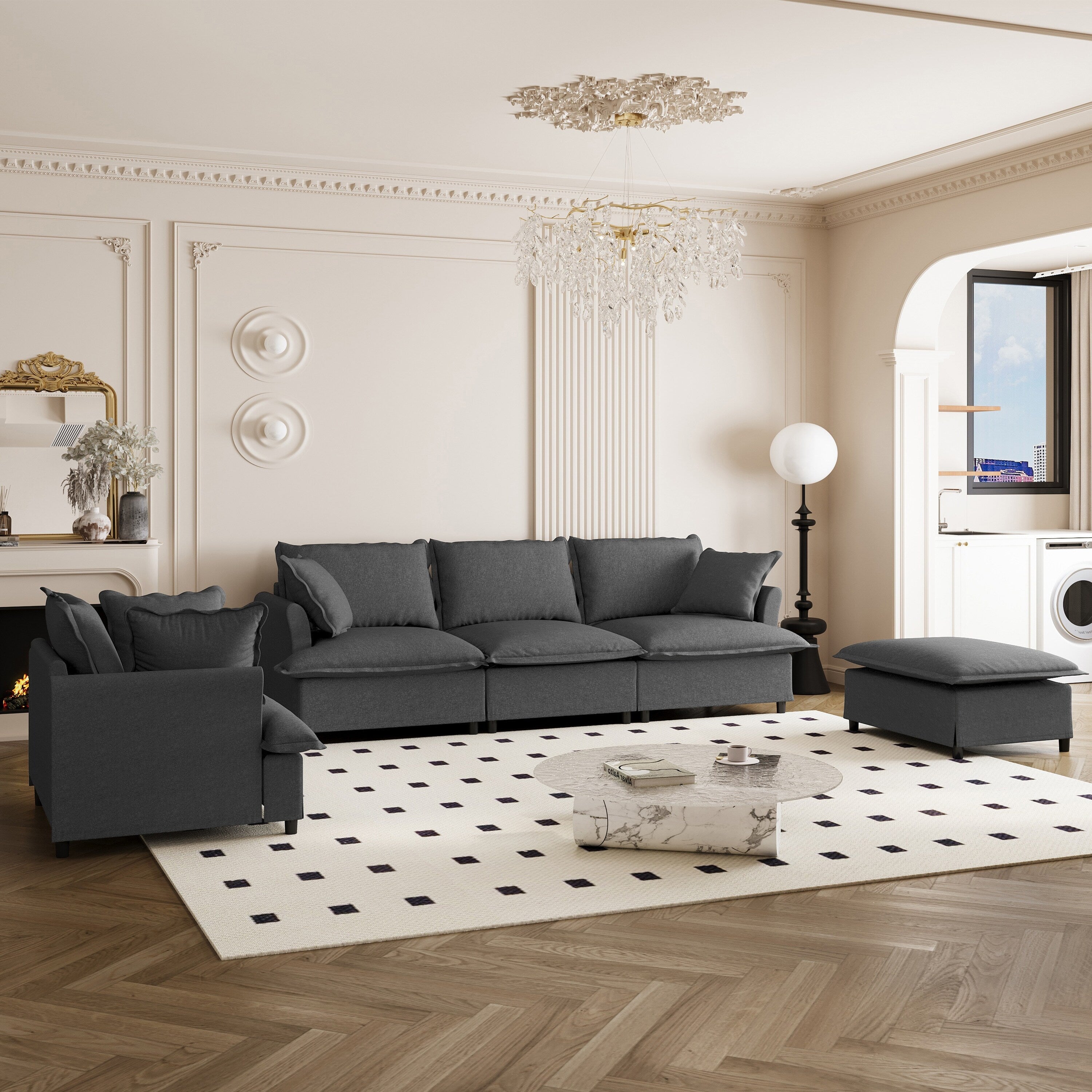 3 Piece Living Room Sofa Set,Modular L Shaped Chenille Sectional Couch,Upholstered 3 Seater Sofa & Armchair & Movable Ottoman