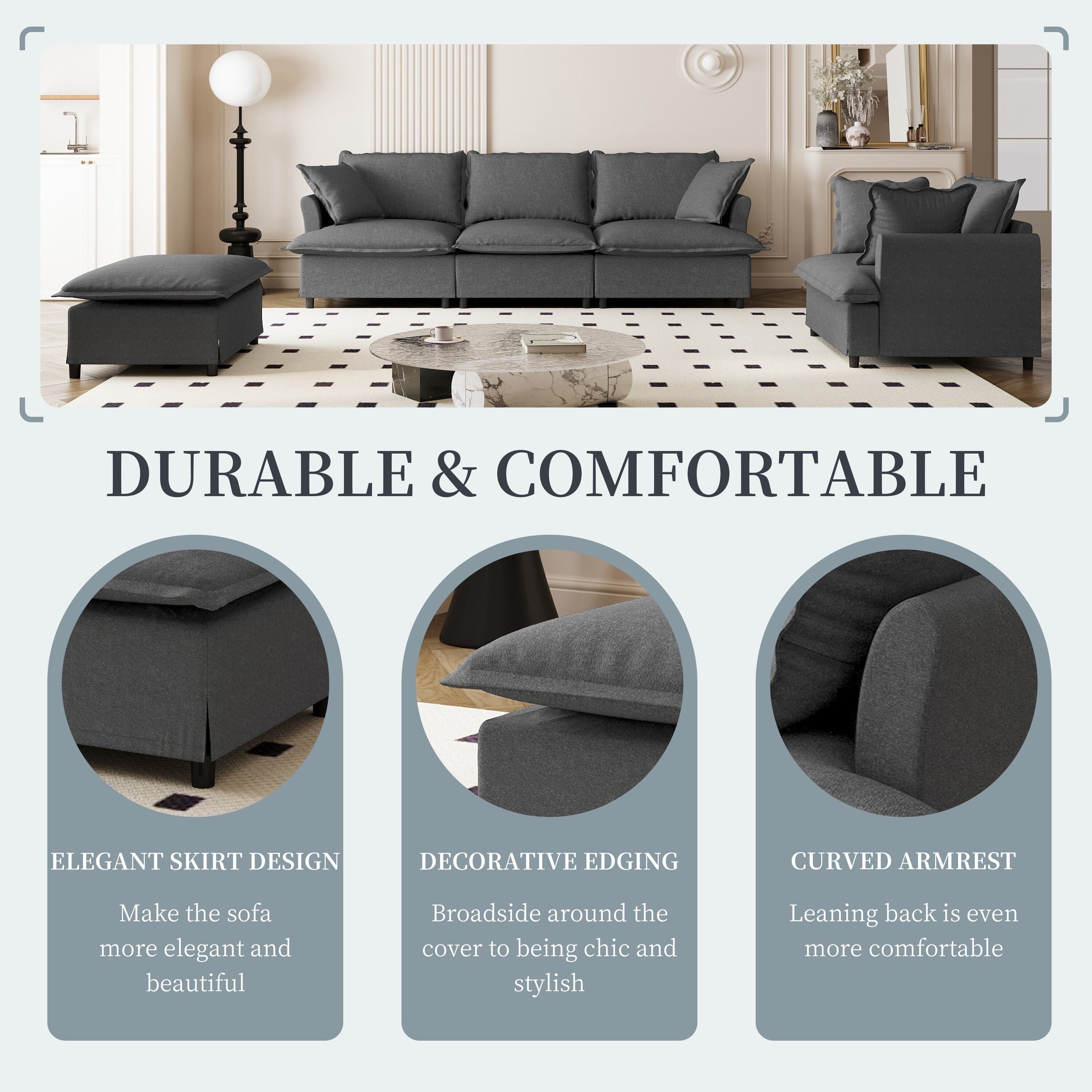 3 Piece Living Room Sofa Set,Modular L Shaped Chenille Sectional Couch,Upholstered 3 Seater Sofa & Armchair & Movable Ottoman