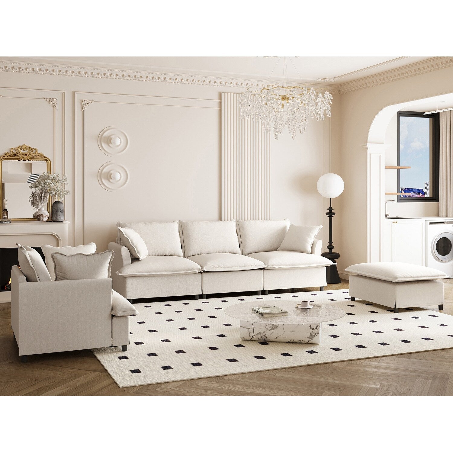 3 Piece Living Room Sofa Set,Modular L Shaped Chenille Sectional Couch,Upholstered 3 Seater Sofa & Armchair & Movable Ottoman