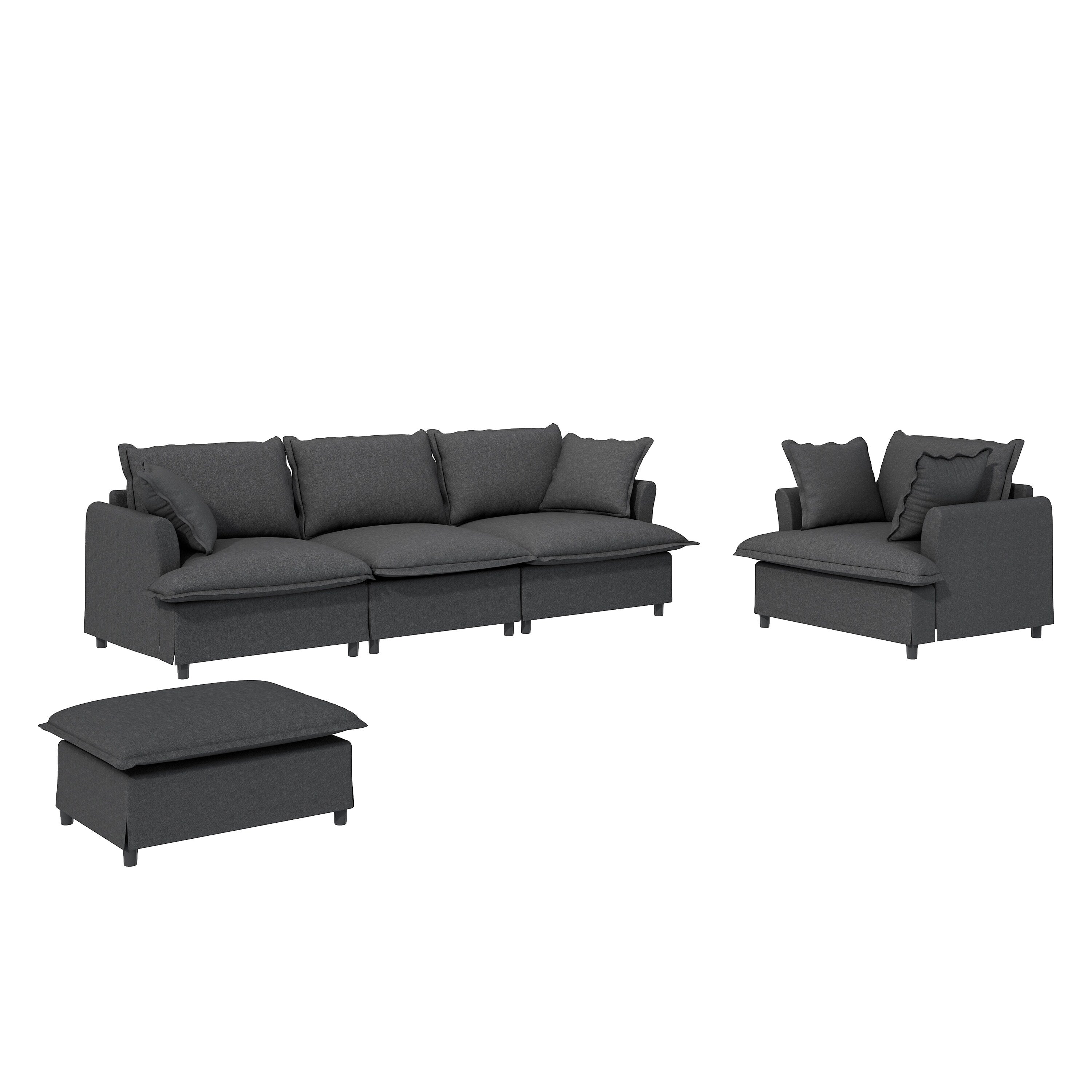 3 Piece Living Room Sofa Set,Modular L Shaped Chenille Sectional Couch,Upholstered 3 Seater Sofa & Armchair & Movable Ottoman