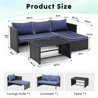3-Piece Outdoor PE Rattan Furniture Set Patio Wicker Conversation Loveseat Sofa Sectional Couch Cushion