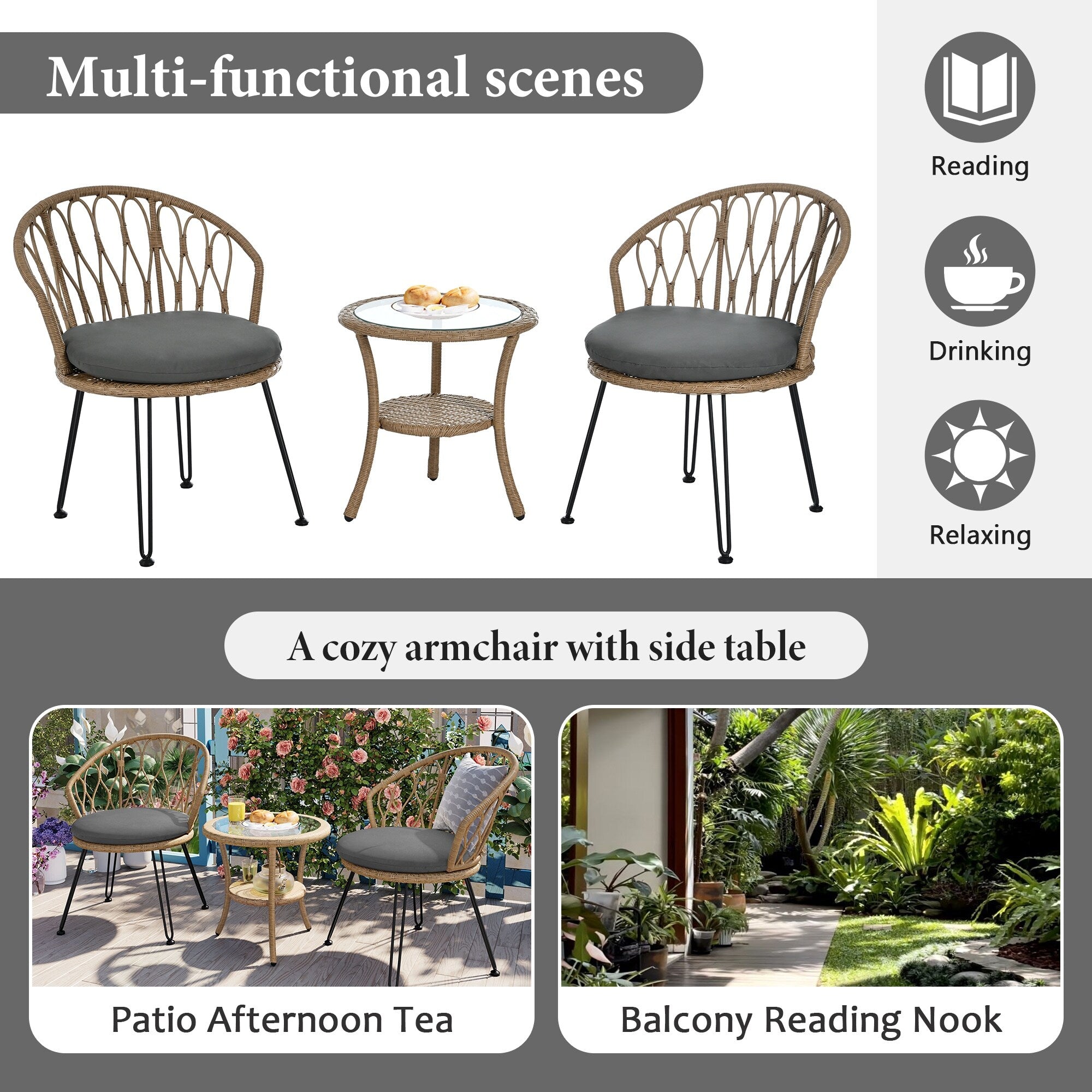 3-Piece Outdoor Patio Rattan Conversation Leisure Chairs Set with 2 Chair and Glass Coffee Table