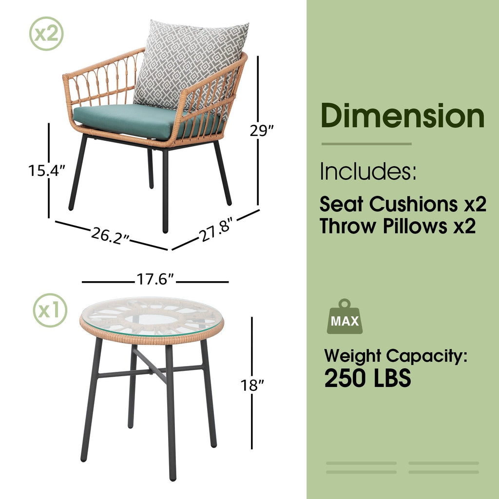 3-Piece Outdoor Wicker Bistro Set with Cushions