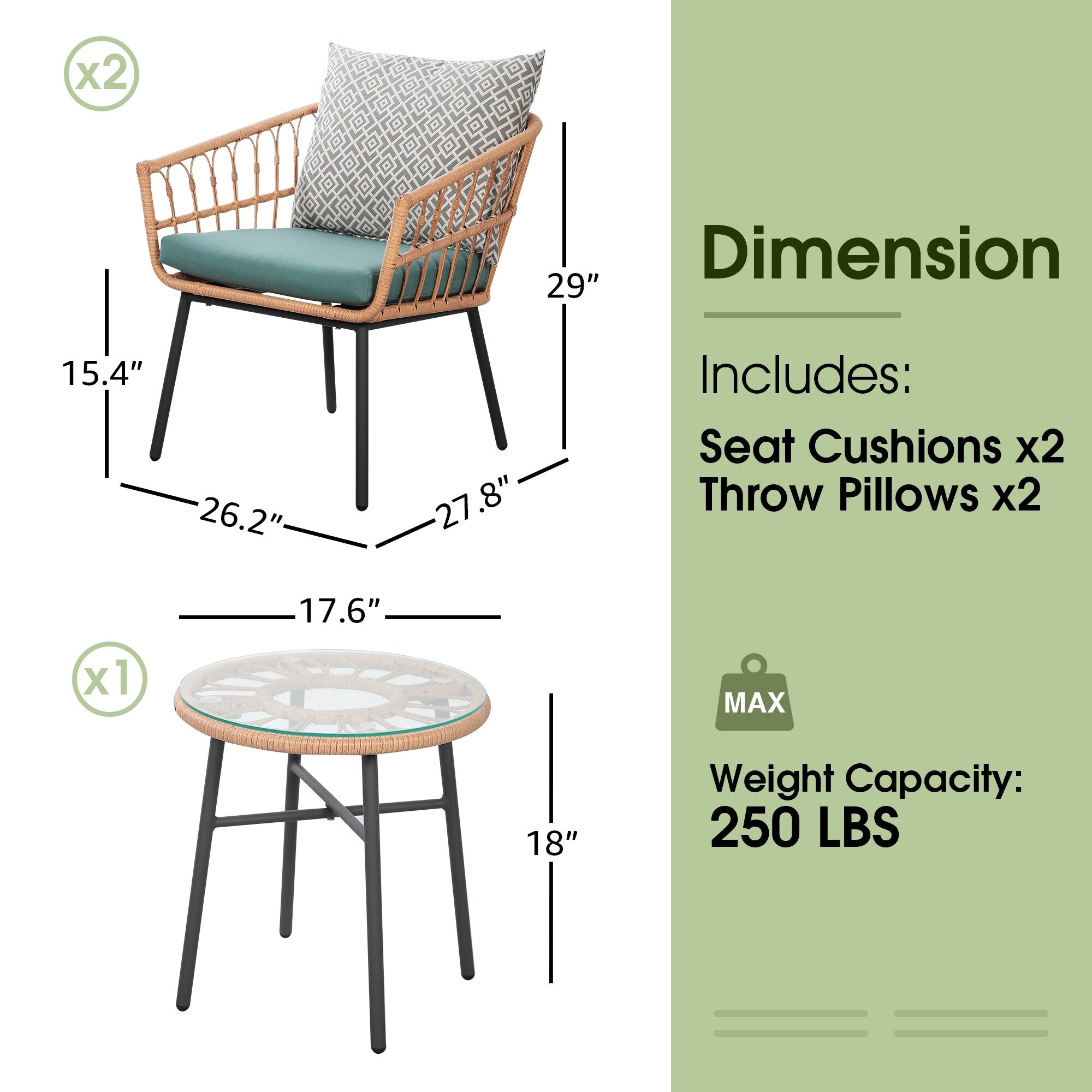3-Piece Outdoor Wicker Bistro Set with Cushions