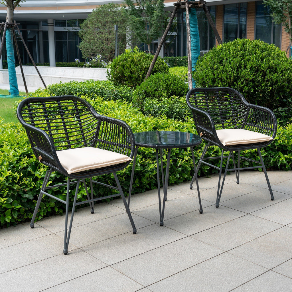3 Piece Outdoor Wicker Furniture Patio Bistro Set With Cushions for Porch Poolside Garden - 21.2L x 23.6W x 31.5H
