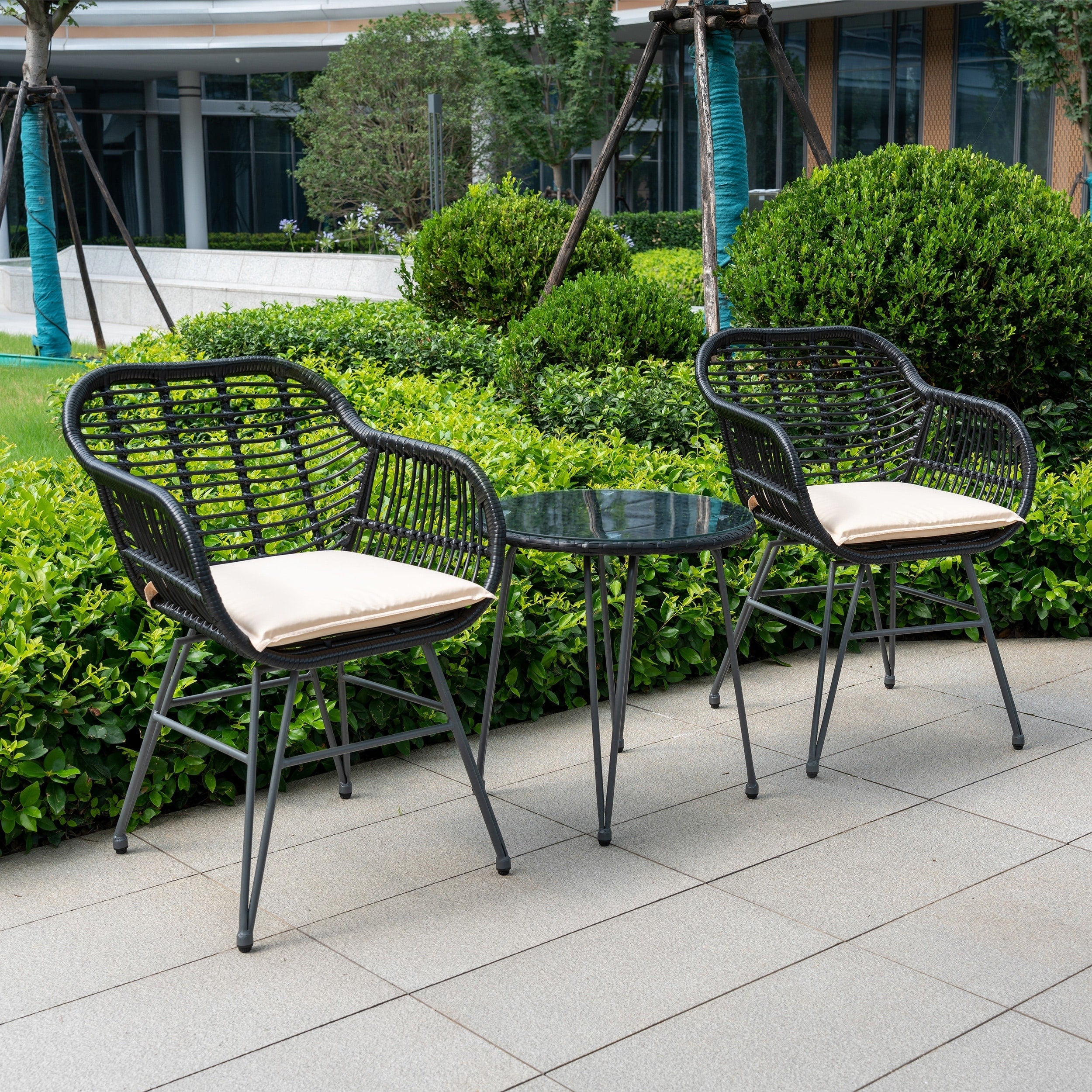 3 Piece Outdoor Wicker Furniture Patio Bistro Set With Cushions for Porch Poolside Garden - 21.2L x 23.6W x 31.5H
