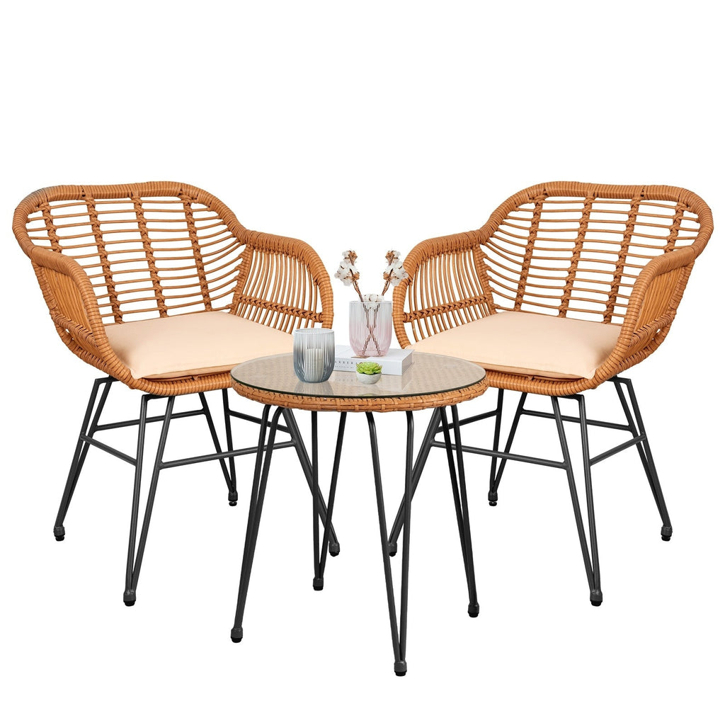3 Piece Outdoor Wicker Furniture Patio Bistro Set With Cushions for Porch Poolside Garden - 21.2L x 23.6W x 31.5H