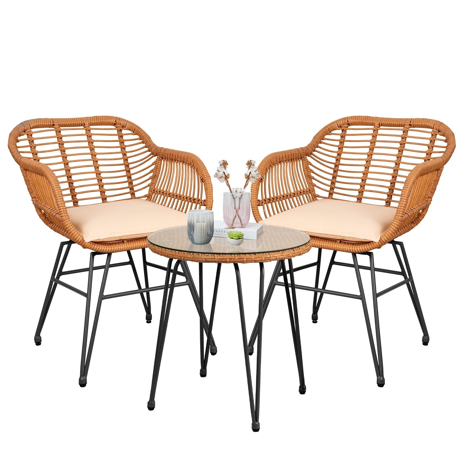 3 Piece Outdoor Wicker Furniture Patio Bistro Set With Cushions for Porch Poolside Garden - 21.2L x 23.6W x 31.5H