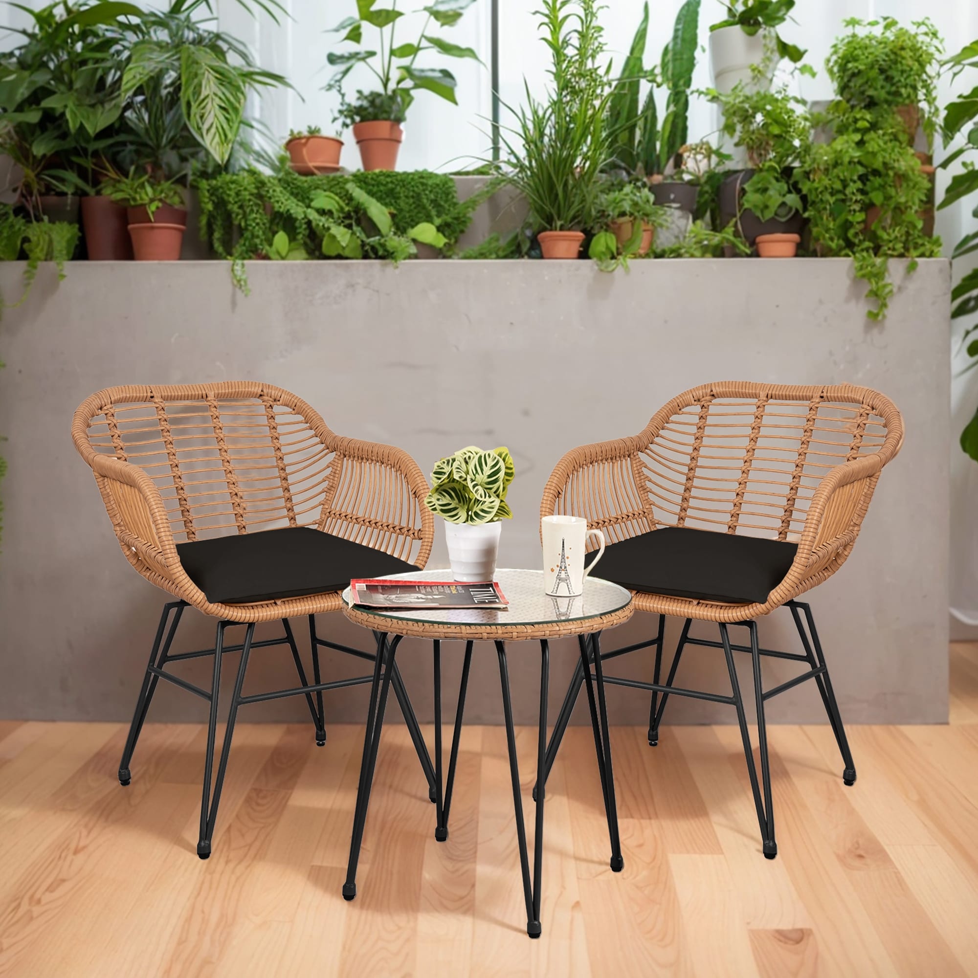 3 Piece Outdoor Wicker Furniture Patio Bistro Set With Cushions for Porch Poolside Garden - 21.2L x 23.6W x 31.5H