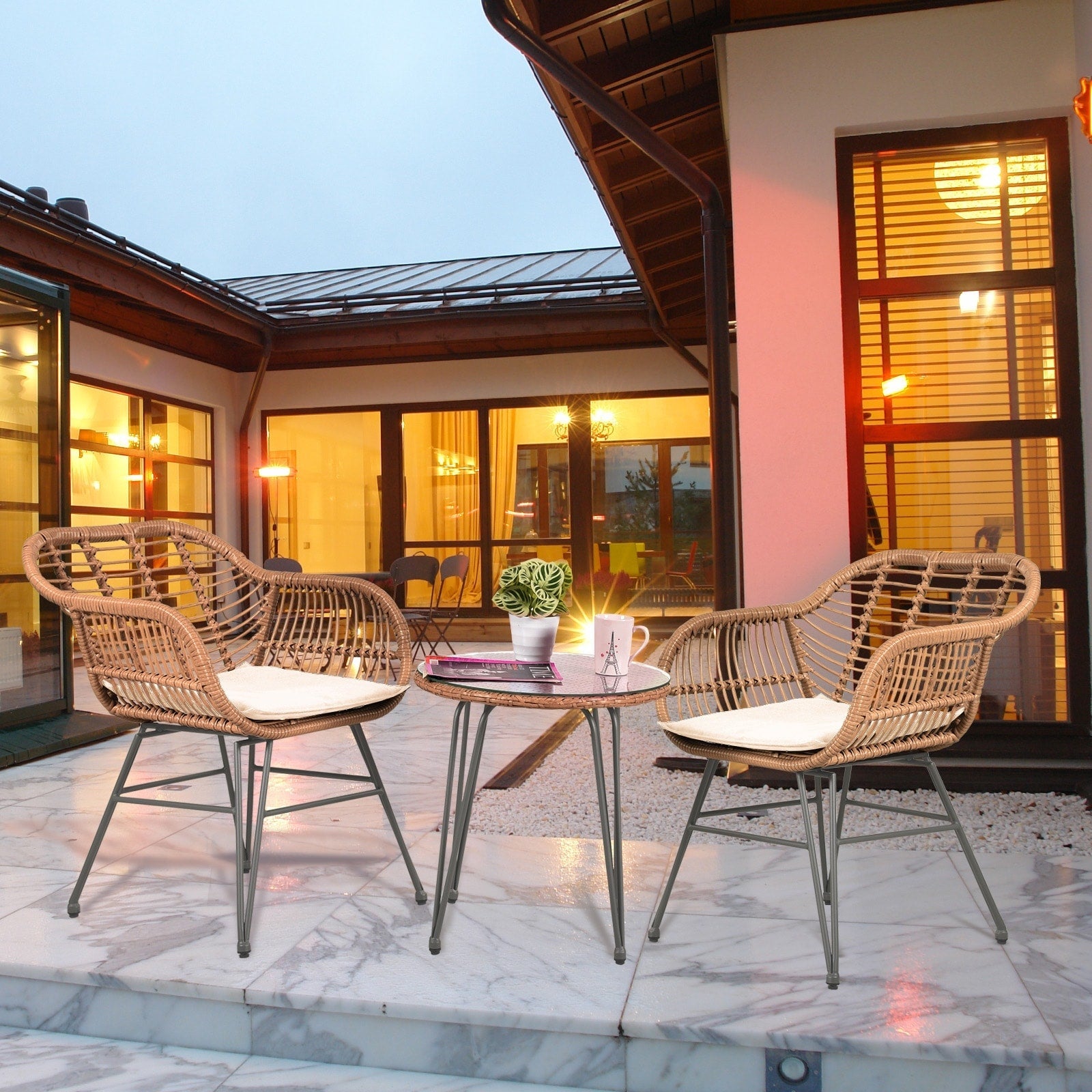 3 Piece Outdoor Wicker Furniture Patio Bistro Set With Cushions for Porch Poolside Garden - 21.2L x 23.6W x 31.5H