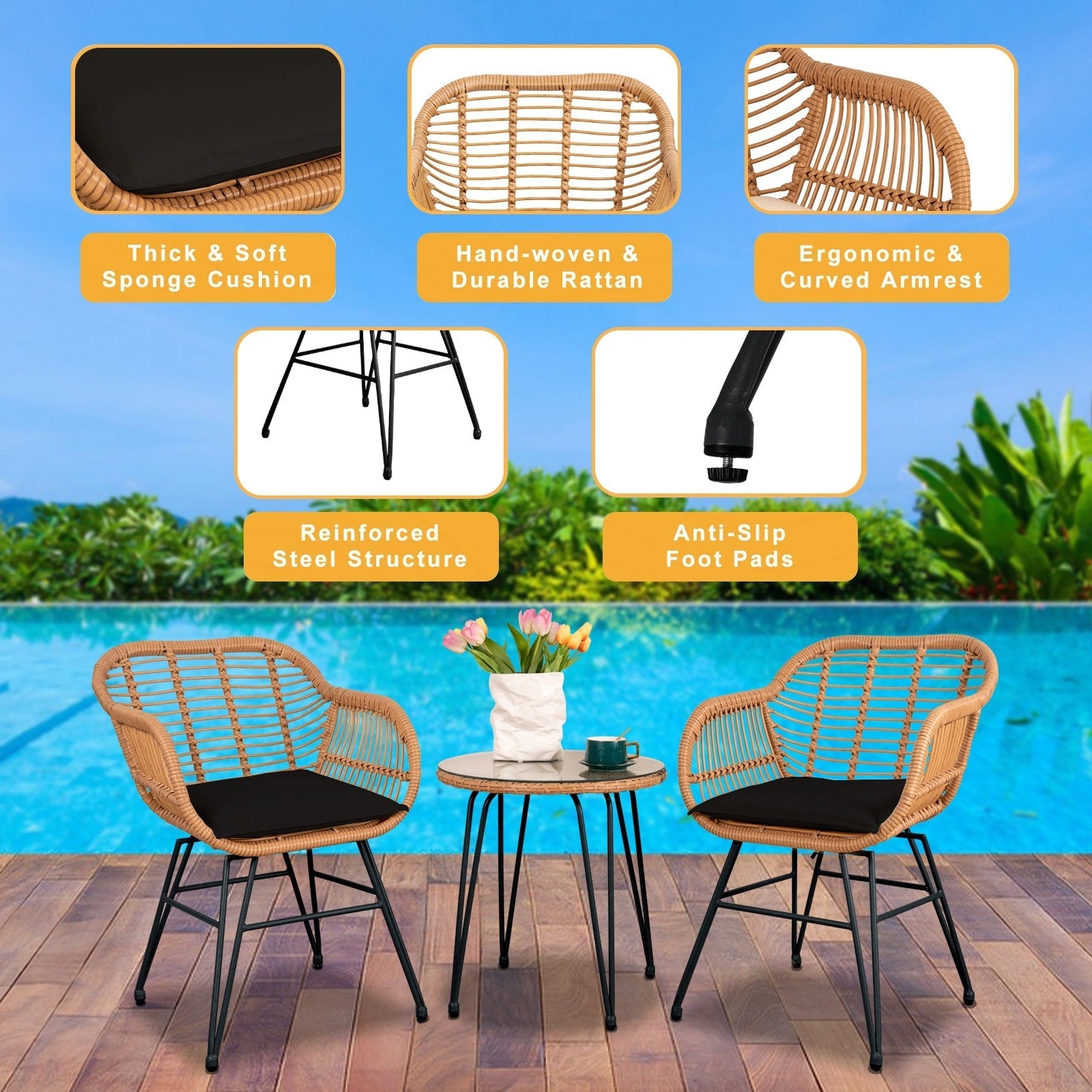 3 Piece Outdoor Wicker Furniture Patio Bistro Set With Cushions for Porch Poolside Garden - 21.2L x 23.6W x 31.5H
