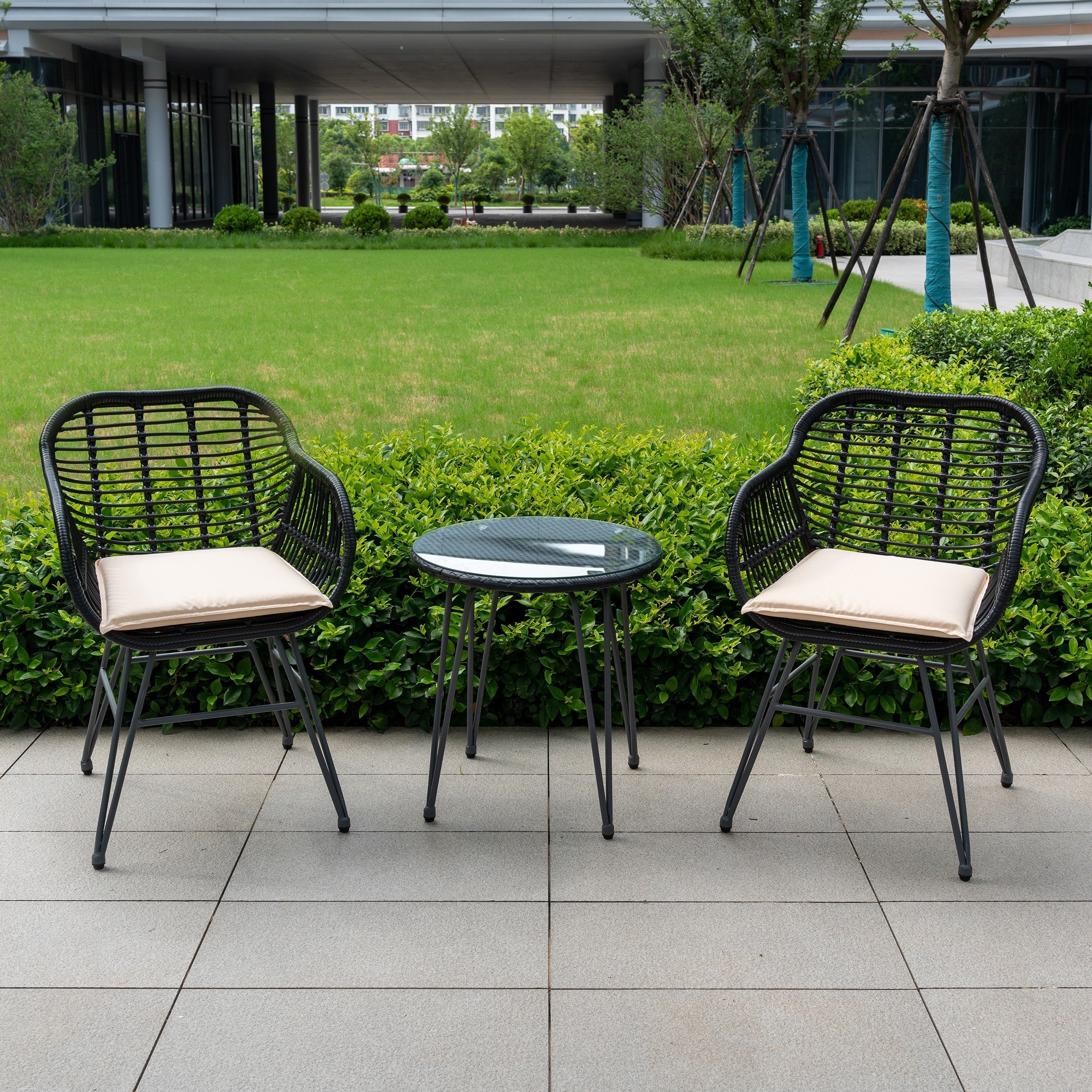 3 Piece Outdoor Wicker Furniture Patio Bistro Set With Cushions for Porch Poolside Garden - 21.2L x 23.6W x 31.5H