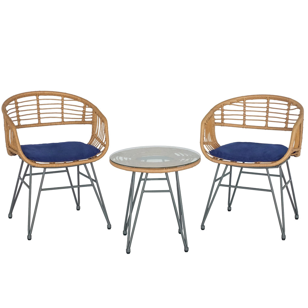 3 Piece Outdoor Wicker Furniture Patio Bistro Set With Cushions for Porch Poolside Garden - 21.2L x 23.6W x 31.5H