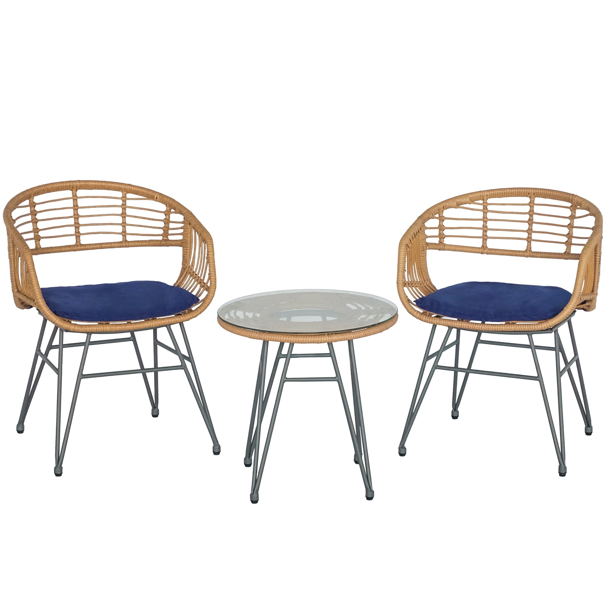 3 Piece Outdoor Wicker Furniture Patio Bistro Set With Cushions for Porch Poolside Garden - 21.2L x 23.6W x 31.5H