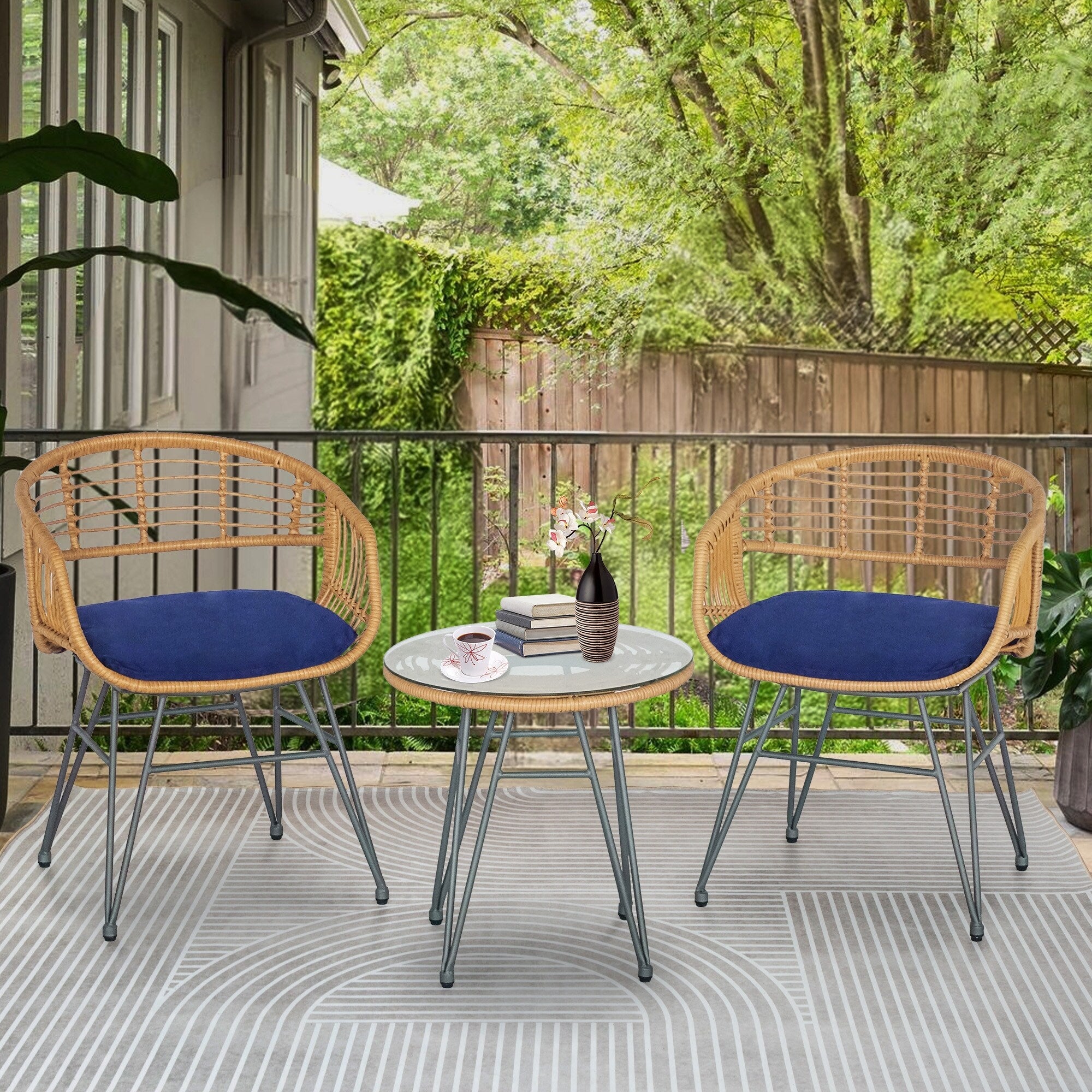 3 Piece Outdoor Wicker Furniture Patio Bistro Set With Cushions for Porch Poolside Garden - 21.2L x 23.6W x 31.5H