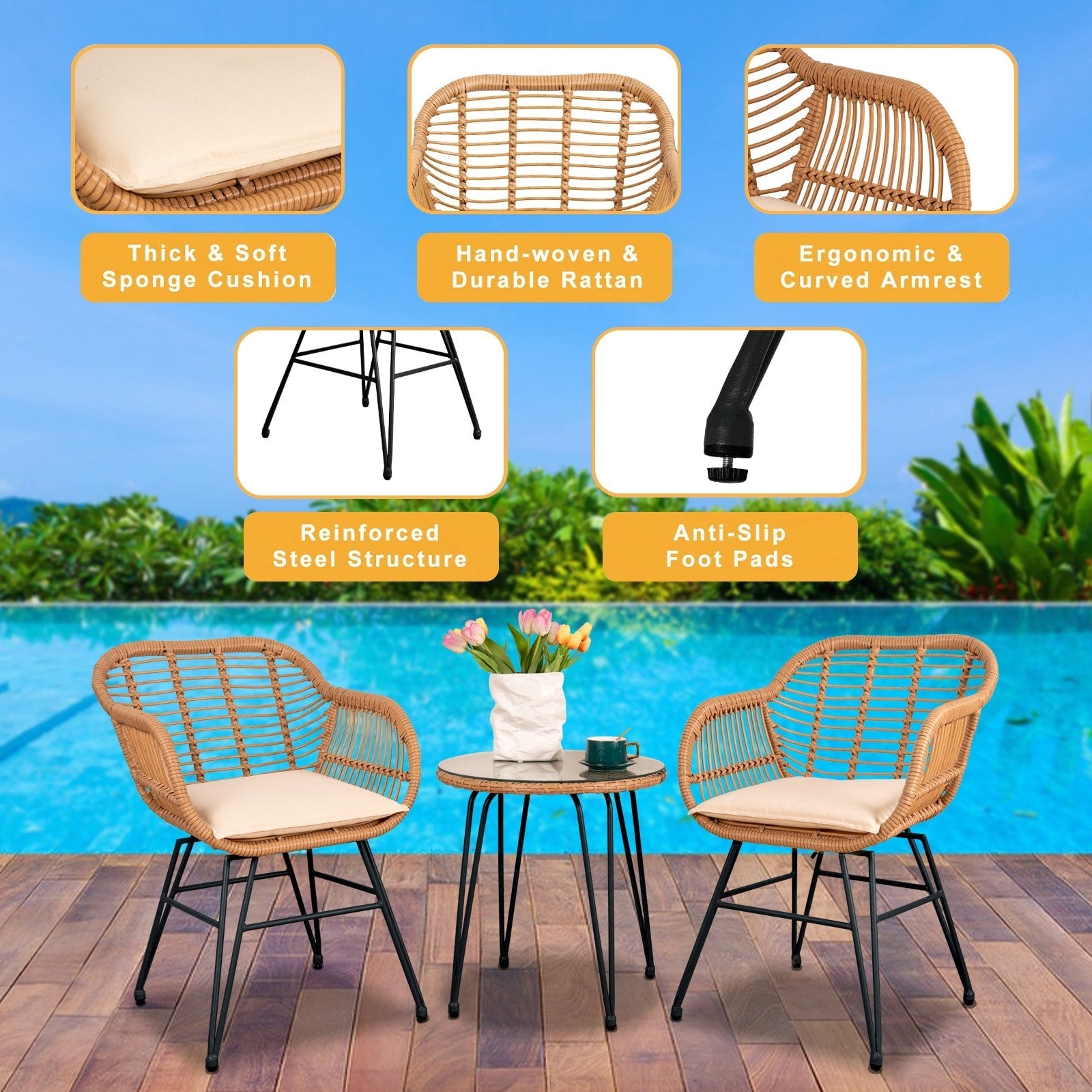3 Piece Outdoor Wicker Furniture Patio Bistro Set With Cushions for Porch Poolside Garden - 21.2L x 23.6W x 31.5H
