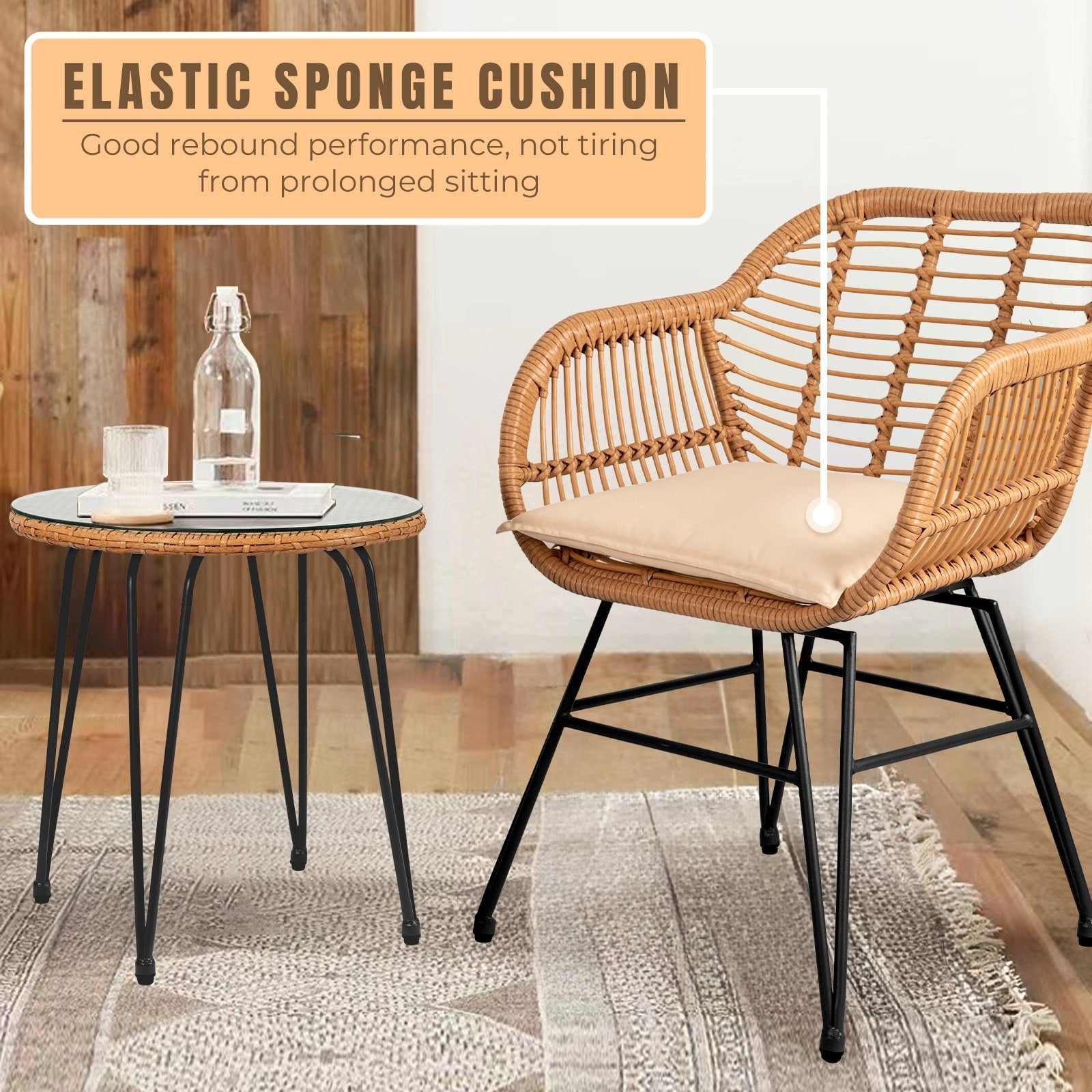 3 Piece Outdoor Wicker Furniture Patio Bistro Set With Cushions for Porch Poolside Garden - 21.2L x 23.6W x 31.5H