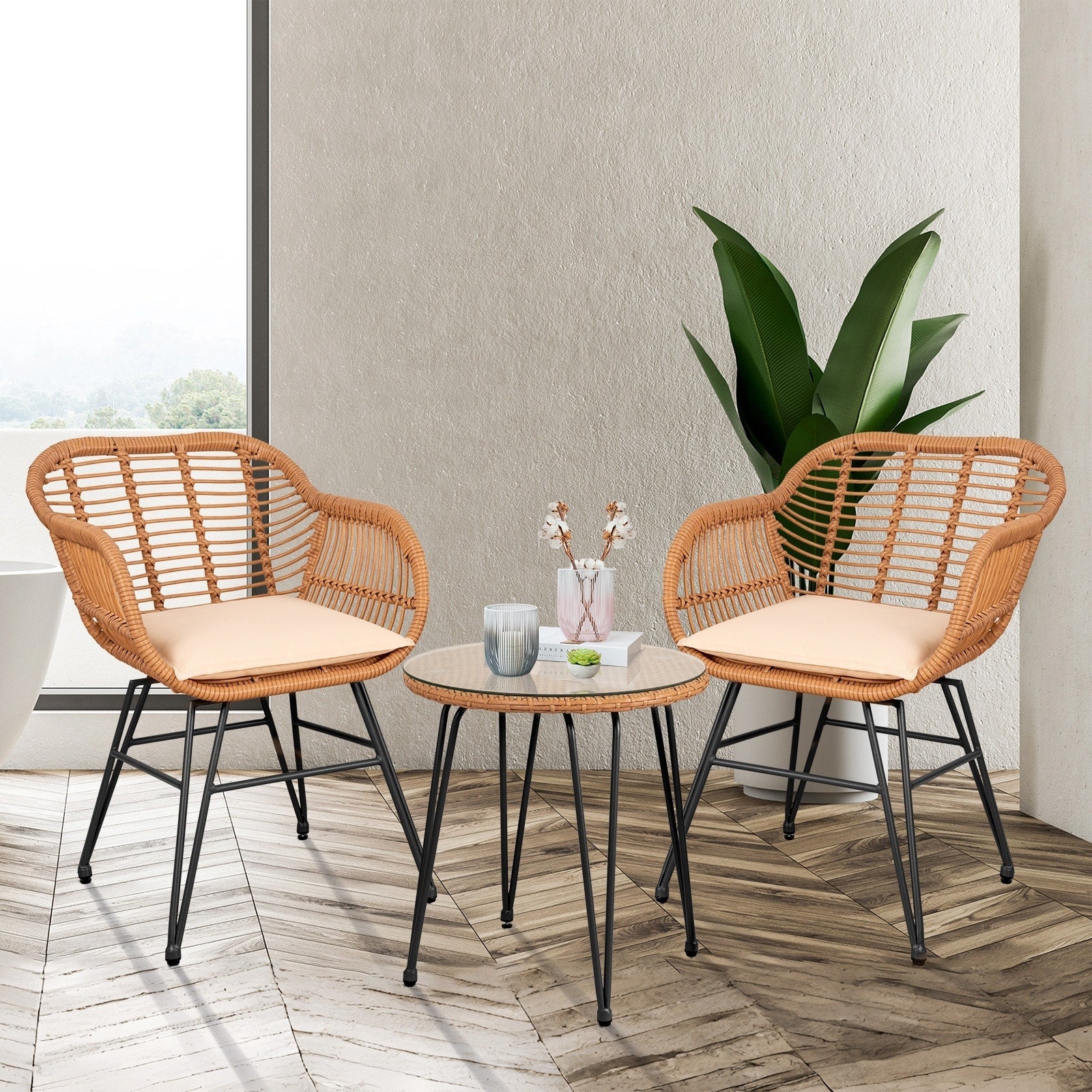 3 Piece Outdoor Wicker Furniture Patio Bistro Set With Cushions for Porch Poolside Garden - 21.2L x 23.6W x 31.5H