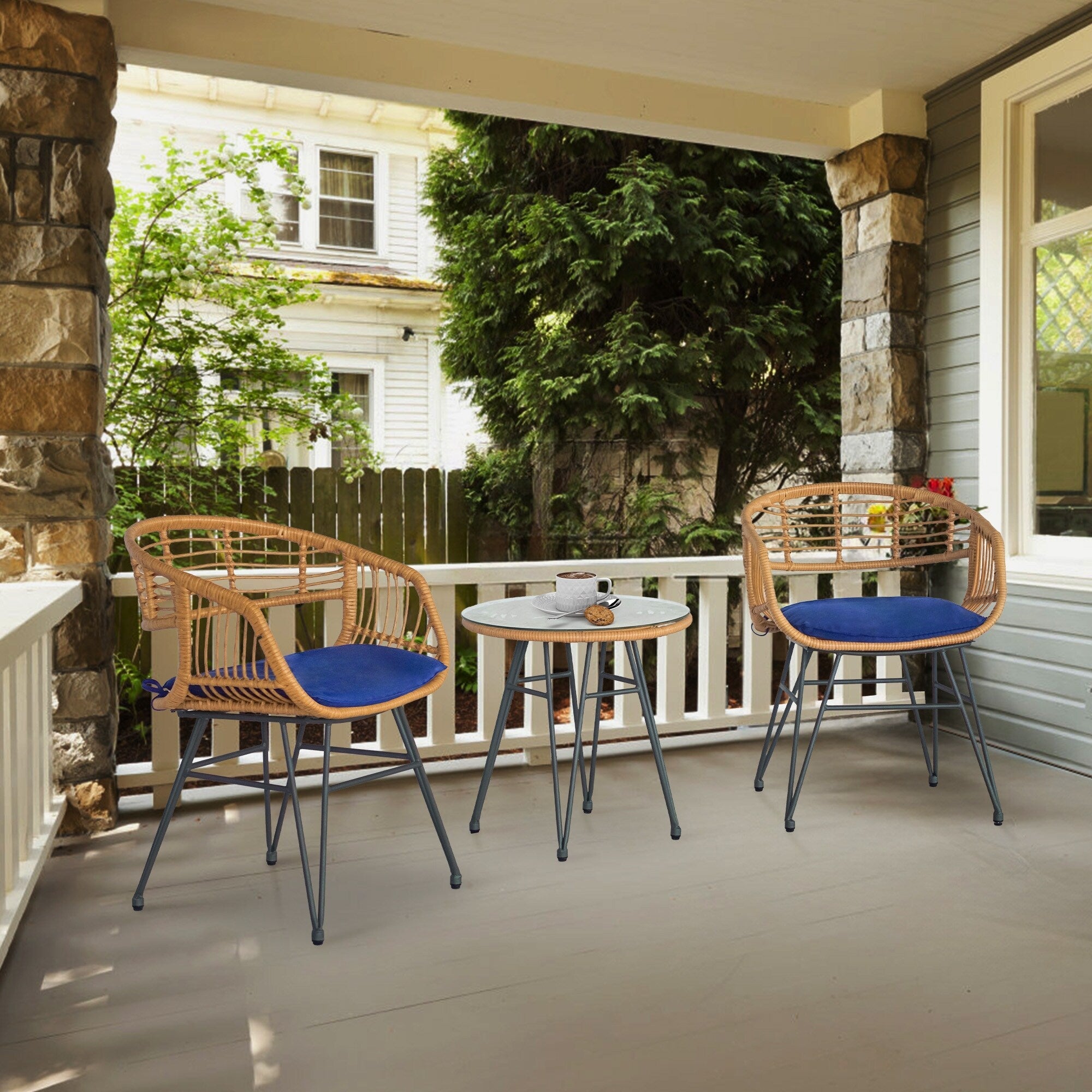 3 Piece Outdoor Wicker Furniture Patio Bistro Set With Cushions for Porch Poolside Garden - 21.2L x 23.6W x 31.5H