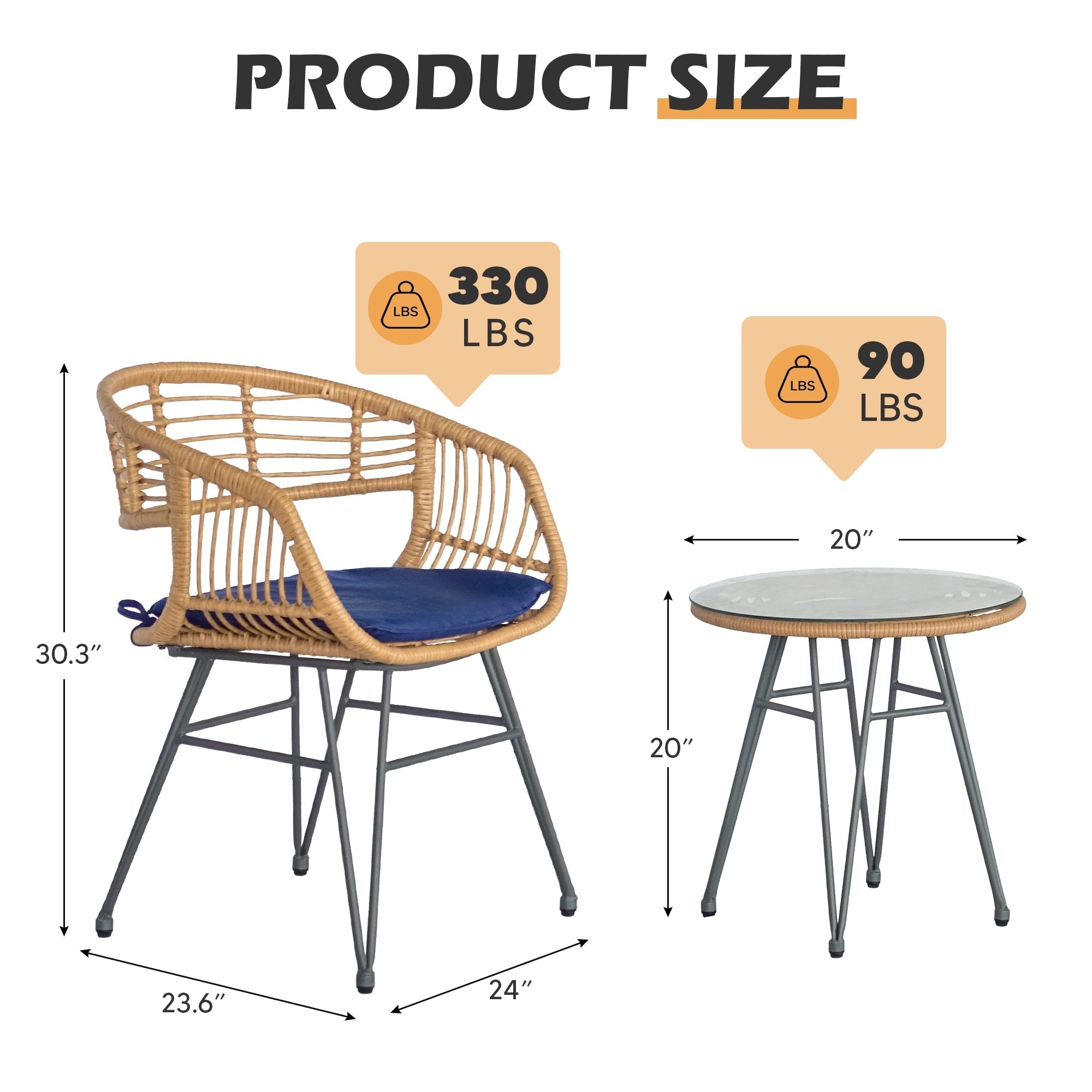 3 Piece Outdoor Wicker Furniture Patio Bistro Set With Cushions for Porch Poolside Garden - 21.2L x 23.6W x 31.5H