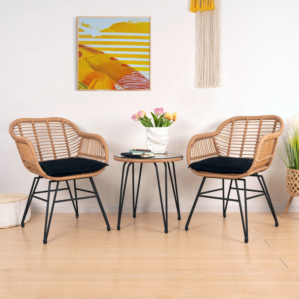 3 Piece Outdoor Wicker Furniture Patio Bistro Set With Cushions for Porch Poolside Garden - 21.2L x 23.6W x 31.5H